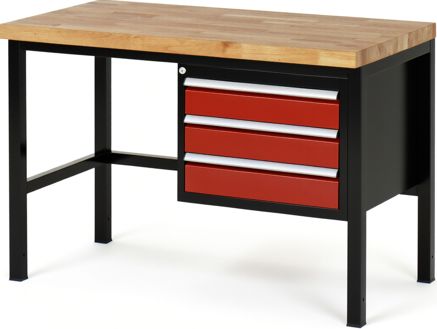 Werkbank Modell 8127 schwarz-rot, BxTxH 1250x700x840-1040 mm,  Buche-Massiv Arbeitsplatte 40 mm,  3 Schubladen mit  Vollauszug 100 % und  SoftClosing