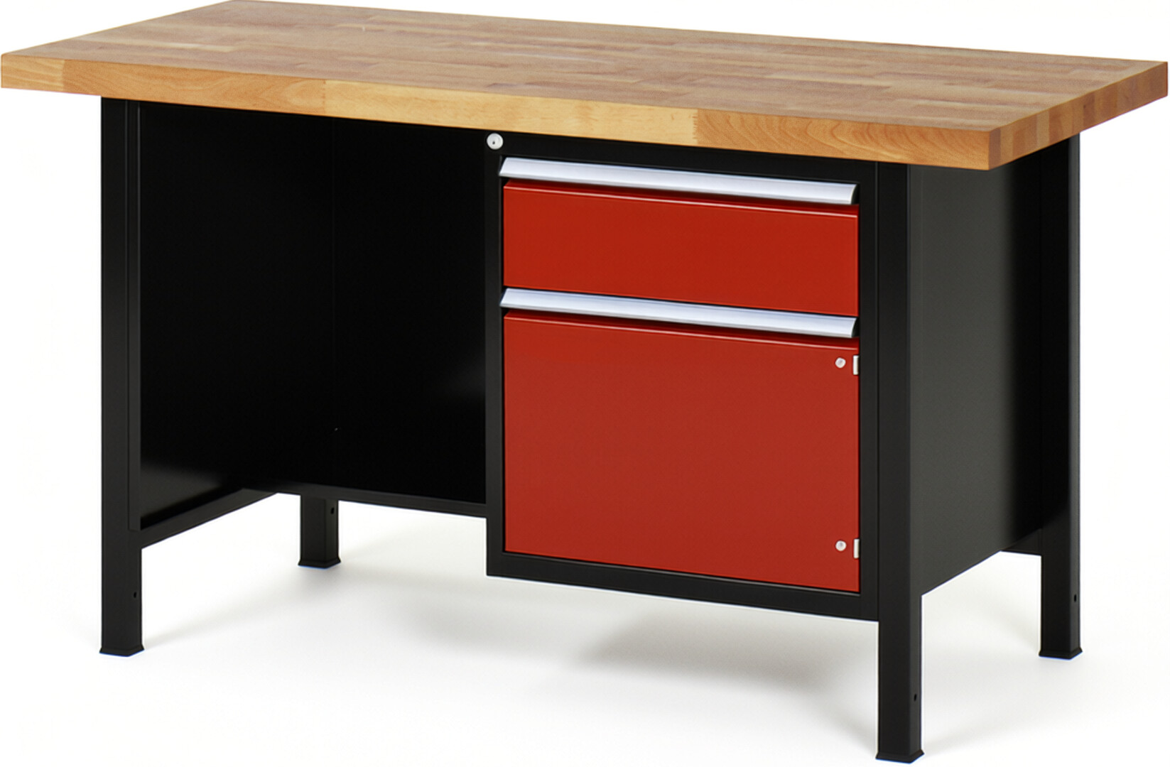 Werkbank Modell 8455 schwarz-rot, BxTxH 1500x700x840-1040 mm,  Buche-Massiv Arbeitsplatte 40 mm,  1 Schublade mit  Vollauszug 100 % und  SoftClosing