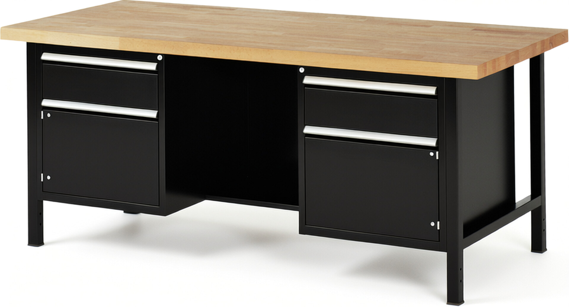 Werkbank Modell 8551 schwarz, BxTxH 2000x900x840 mm,  Buche-Massiv Arbeitsplatte 40 mm,  2 Schubladen mit  Vollauszug 100 % und  SoftClosing