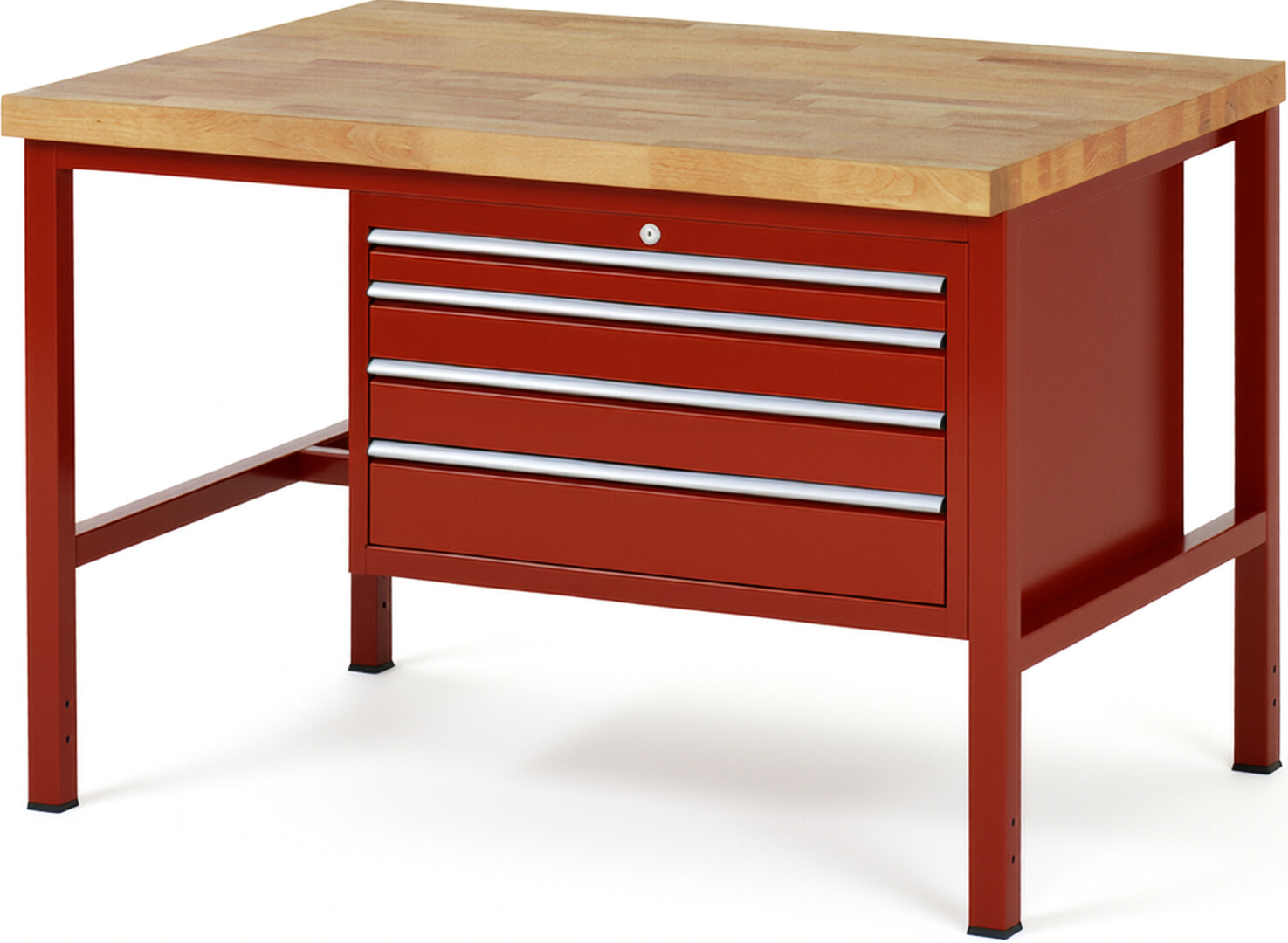 Werkbank Modell 8232 rot, BxTxH 1250x900x840-1040 mm,  Buche-Massiv Arbeitsplatte 40 mm,  4 Schubladen mit  Auszug 90 %