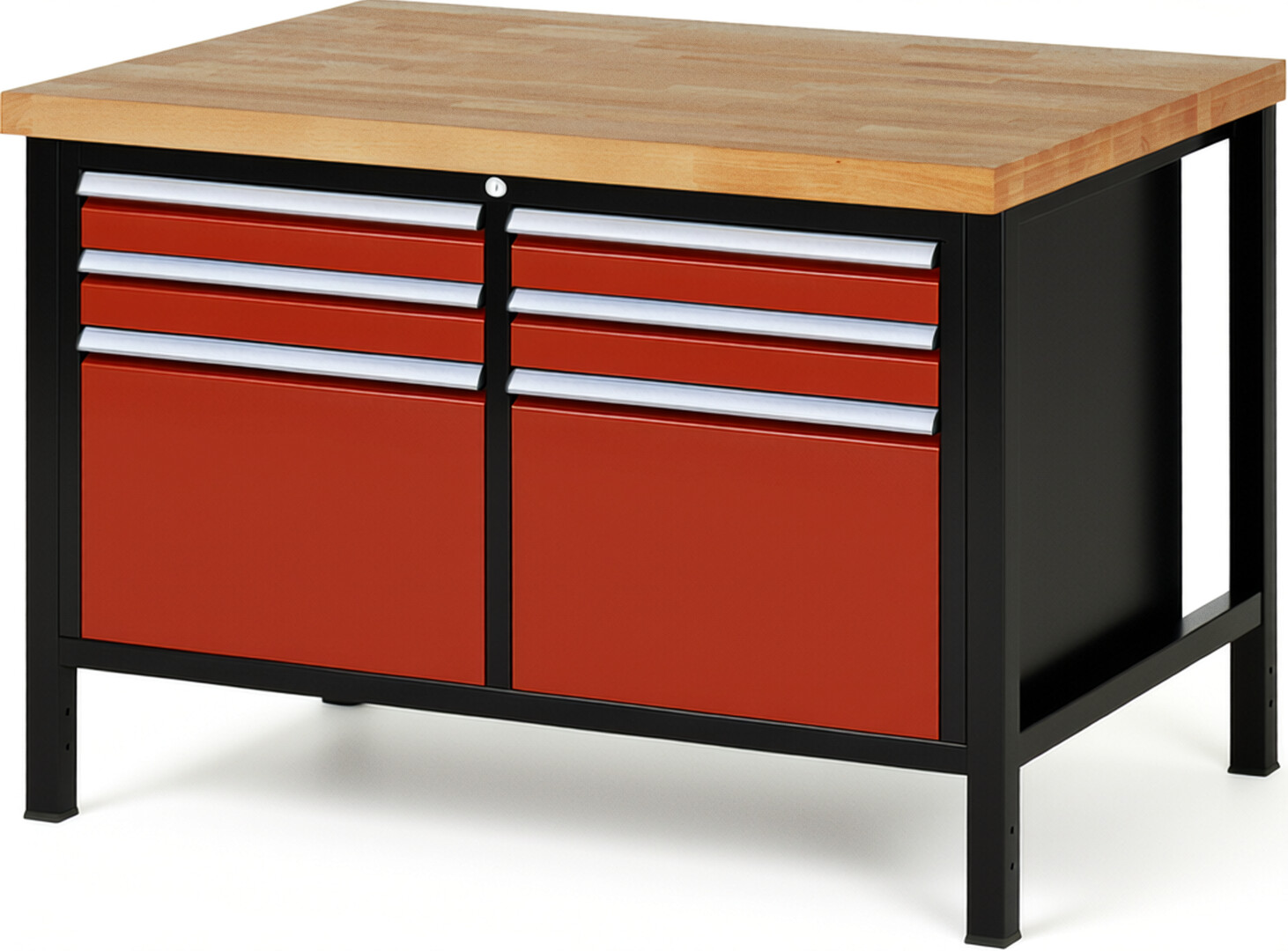 RAU Werkbank schwarz - rot - Breite 125 cm - Tiefe 90 cm - Höhe 104 cm - Buche-Massiv Arbeitsplatte 40 mm