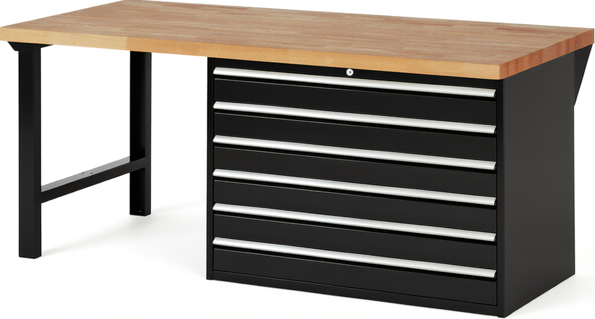 Werkbank Modell 7716 schwarz, BxTxH 2000x900x840 mm,  Buche-Massiv Arbeitsplatte 40 mm,  6 Schubladen mit  Vollauszug 100 % und  SoftClosing