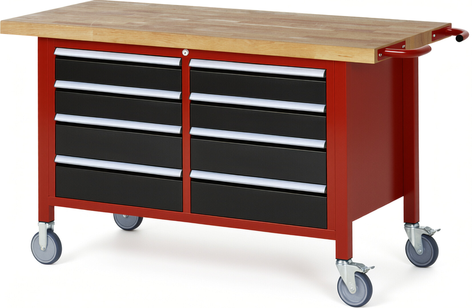 RAU Werkbank rot - schwarz - Breite 150 cm - Tiefe 70 cm - Höhe 108 cm - Buche-Massiv Arbeitsplatte 40 mm