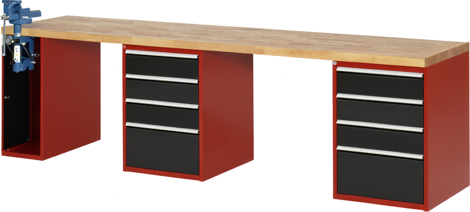 RAU Werkbank rot - schwarz - Breite 300 cm - Tiefe 70 cm - Höhe 89 cm - Buche-Massiv Arbeitsplatte 40 mm