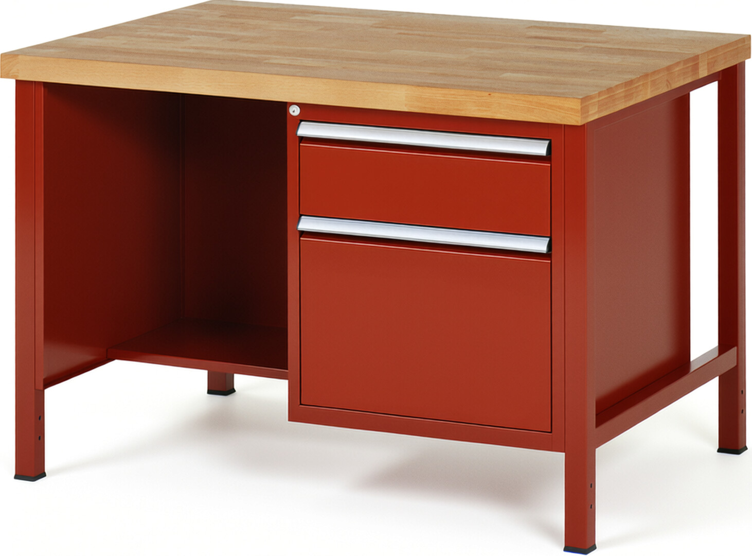 Werkbank Modell 8451 rot, BxTxH 1250x900x840 mm,  Buche-Massiv Arbeitsplatte 40 mm,  2 Schubladen mit  Auszug 90 %