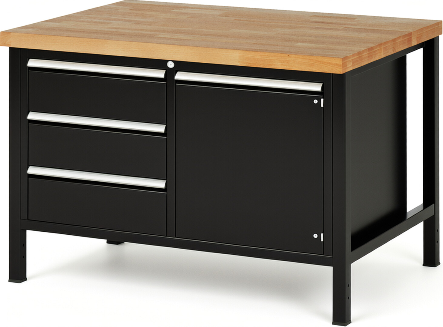 Werkbank Modell 8468 schwarz, BxTxH 1250x900x840-1040 mm,  Buche-Massiv Arbeitsplatte 40 mm,  3 Schubladen mit  Auszug 90 %