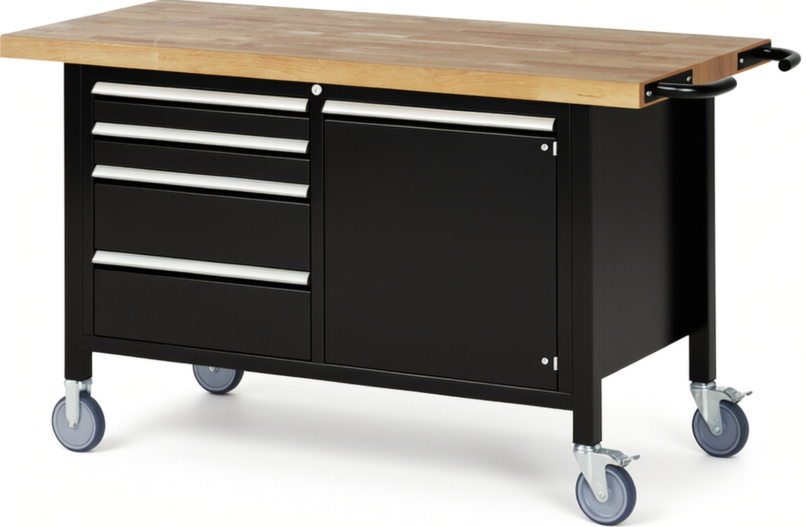 Fahrbare Werkbank Modell 8470 schwarz, BxTxH 1500x700x880 mm,  Buche-Massiv Arbeitsplatte 40 mm,  4 Schubladen mit  Vollauszug 100 % und  SoftClosing