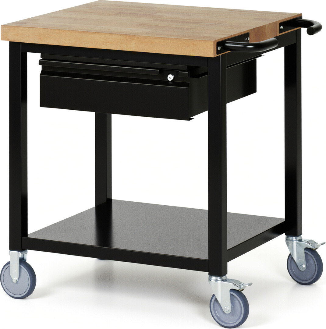 Fahrbare Werkbank - Modell 8001 BASIC schwarz, BxTxH 750x700x880 mm,  Buche-Massiv Arbeitsplatte 40 mm,  1 Schublade mit  Auszug 90 %