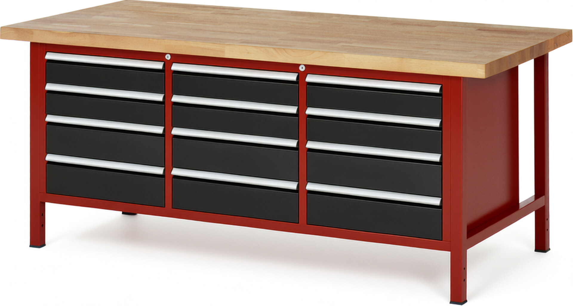Werkbank Modell 8579 rot - schwarz, BxTxH 2000x900x840-1040 mm,  Buche-Massiv Arbeitsplatte 40 mm,  12 Schubladen mit  Auszug 90 %