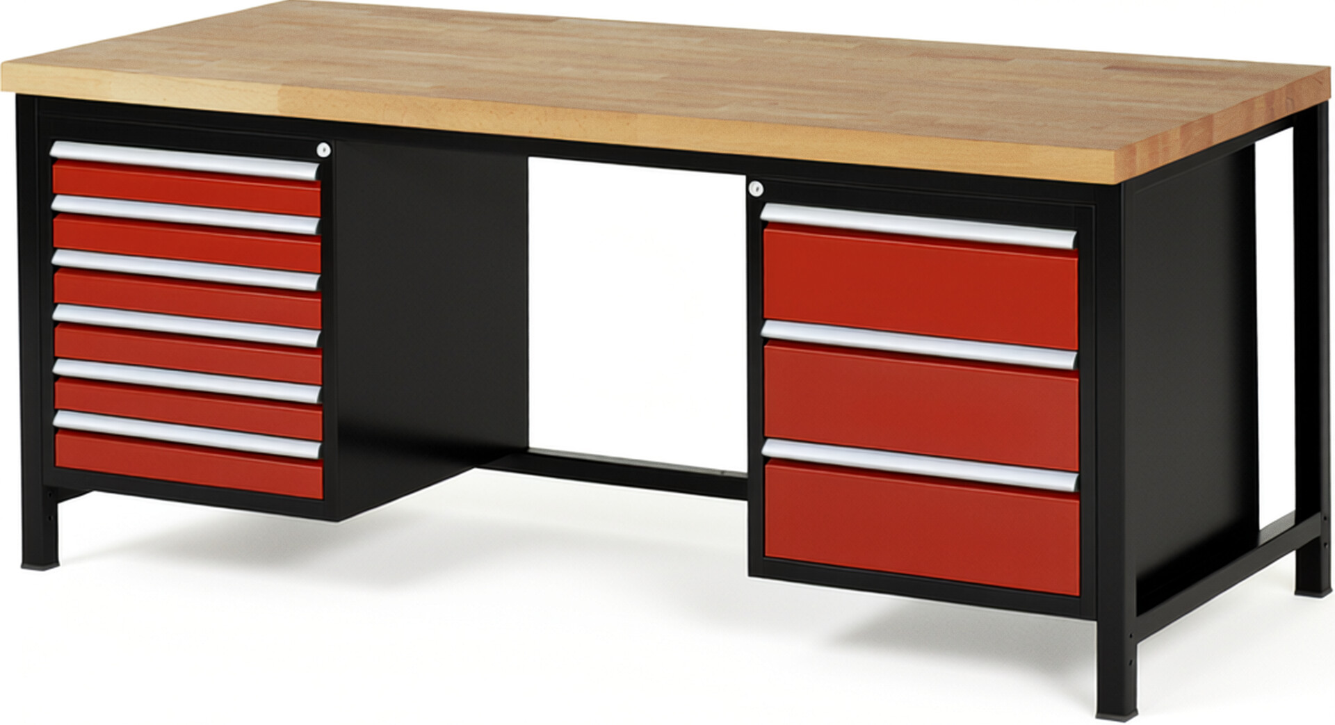 RAU Werkbank schwarz - rot - Breite 200 cm - Tiefe 90 cm - Höhe 104 cm - Buche-Massiv Arbeitsplatte 40 mm