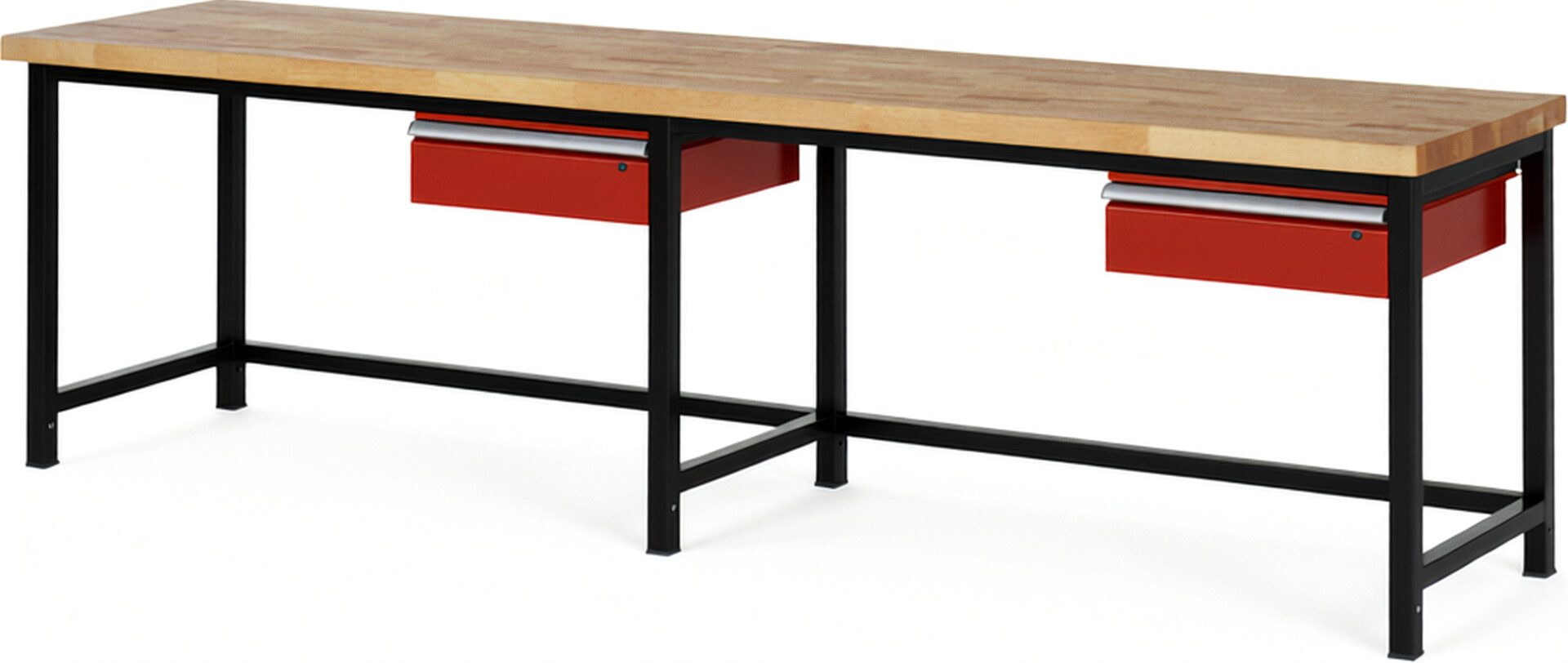 RAU Werkbank schwarz - rot - Breite 300 cm - Tiefe 70 cm - Höhe 104 cm - Buche-Massiv Arbeitsplatte 40 mm