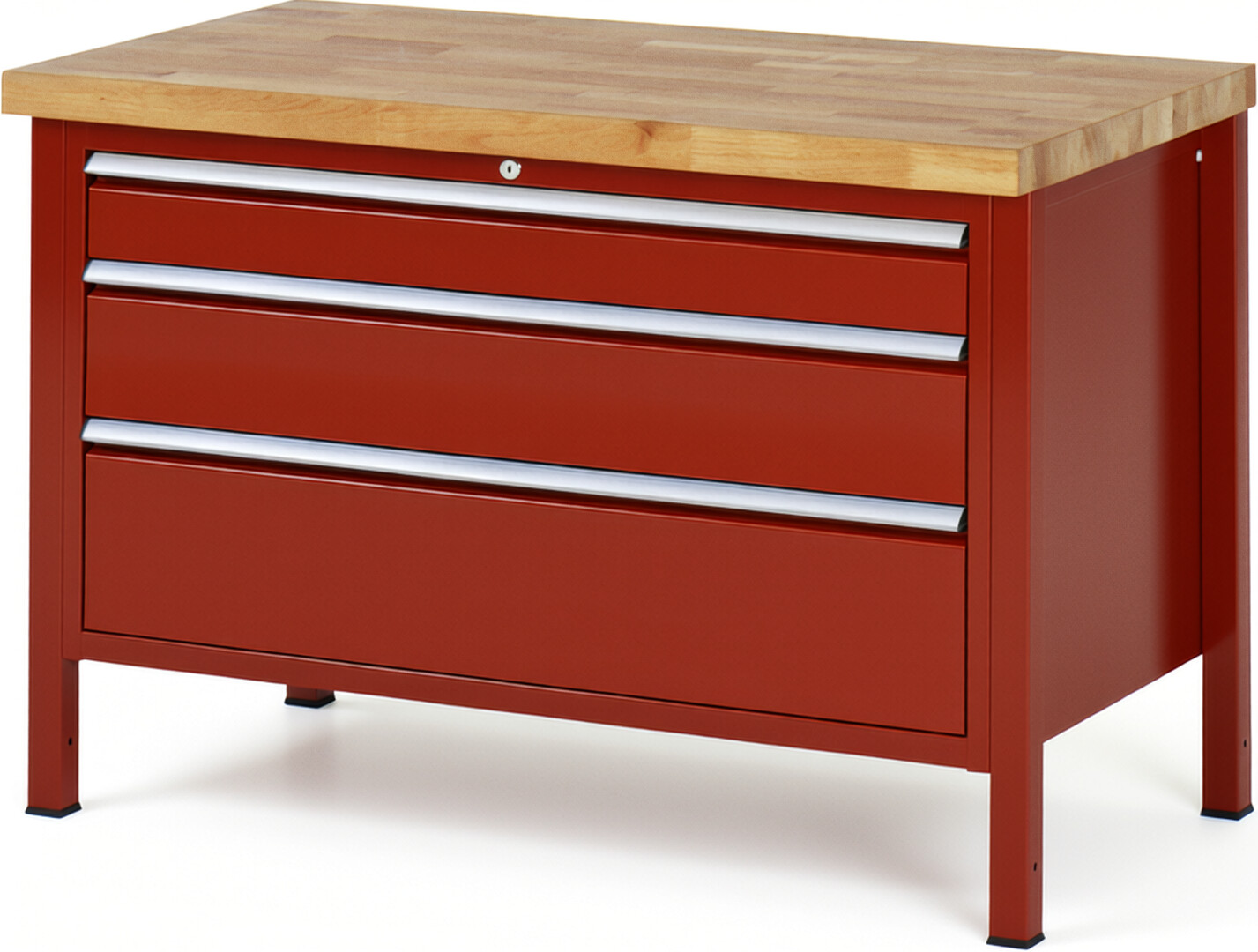 Werkbank Modell 8359 rot, BxTxH 1250x700x840-1040 mm,  Buche-Massiv Arbeitsplatte 40 mm,  3 Schubladen mit  Vollauszug 100 % und  SoftClosing