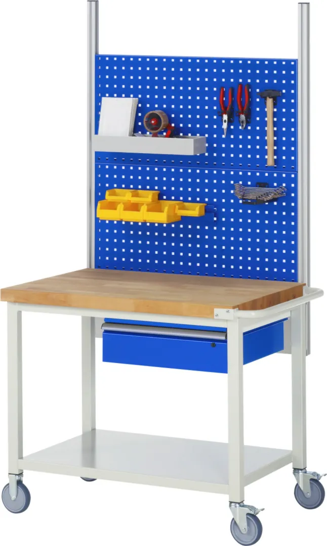 Fahrbare Werkbank Modell 8001 rot - schwarz, BxTxH 1000x700x880-1080 mm,  Buche-Massiv Arbeitsplatte 40 mm,  1 Schublade mit  Auszug 90 %