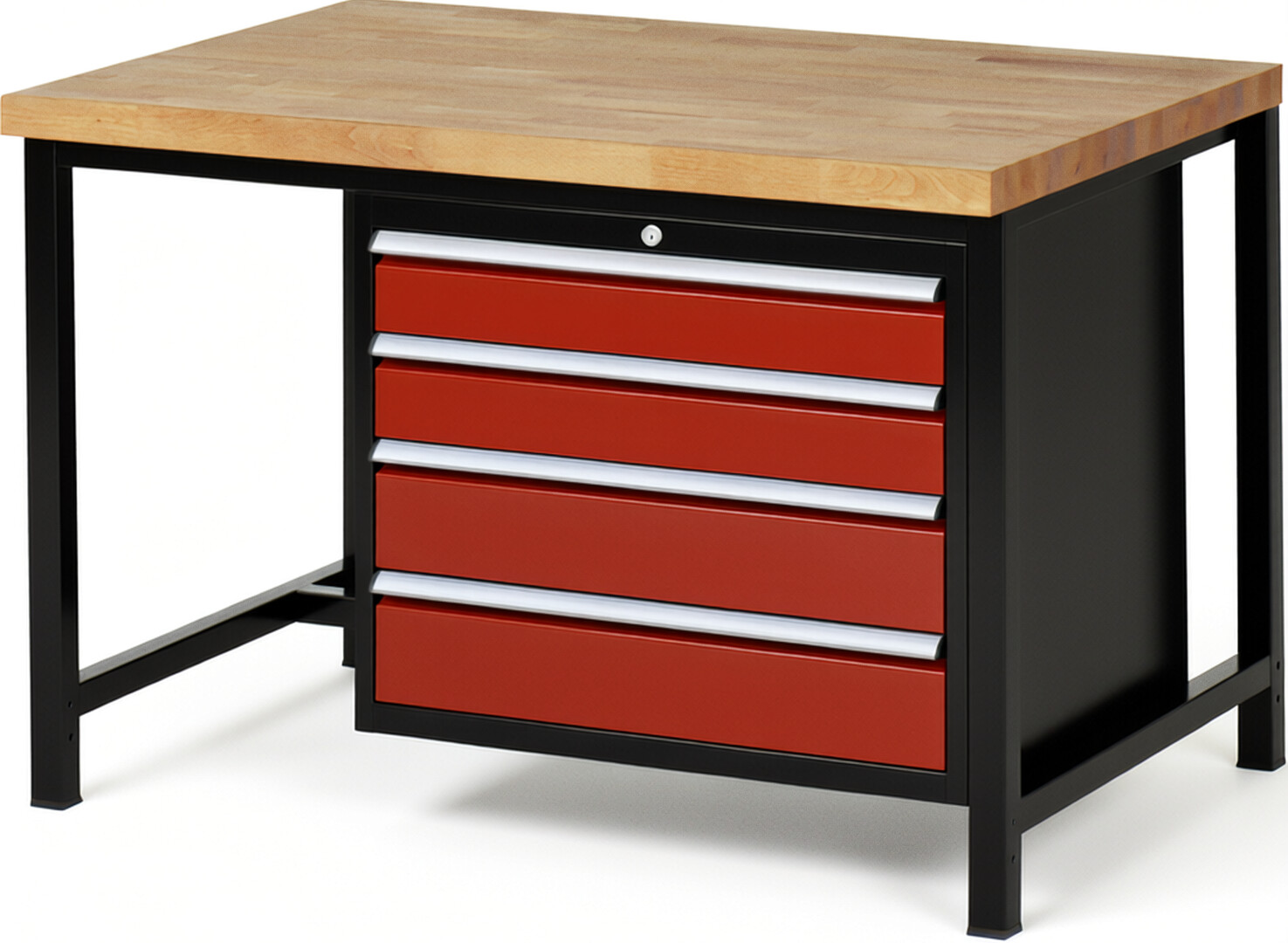 RAU Werkbank schwarz - rot - Breite 125 cm - Tiefe 90 cm - Höhe 104 cm - Buche-Massiv Arbeitsplatte 40 mm