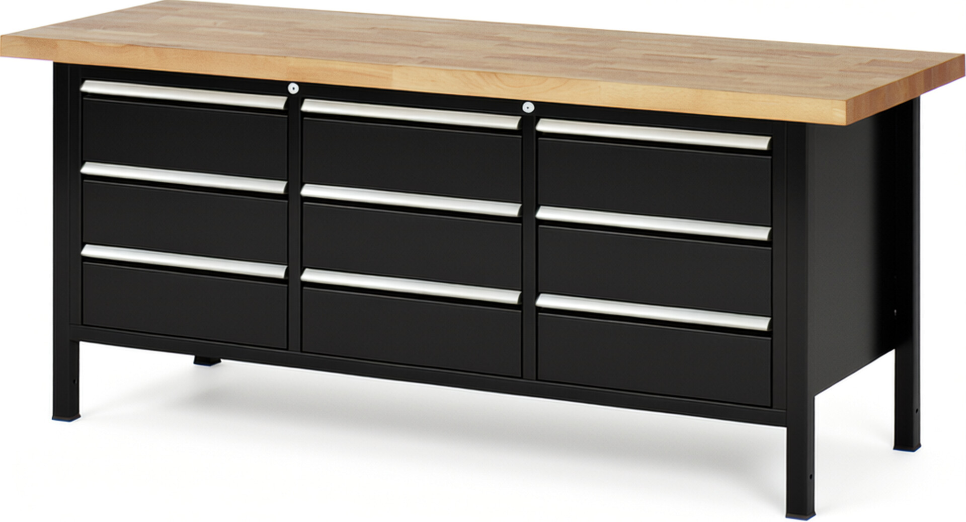 Werkbank Modell 8574 schwarz, BxTxH 2000x700x840-1040 mm,  Buche-Massiv Arbeitsplatte 40 mm,  9 Schubladen mit  Vollauszug 100 % und  SoftClosing