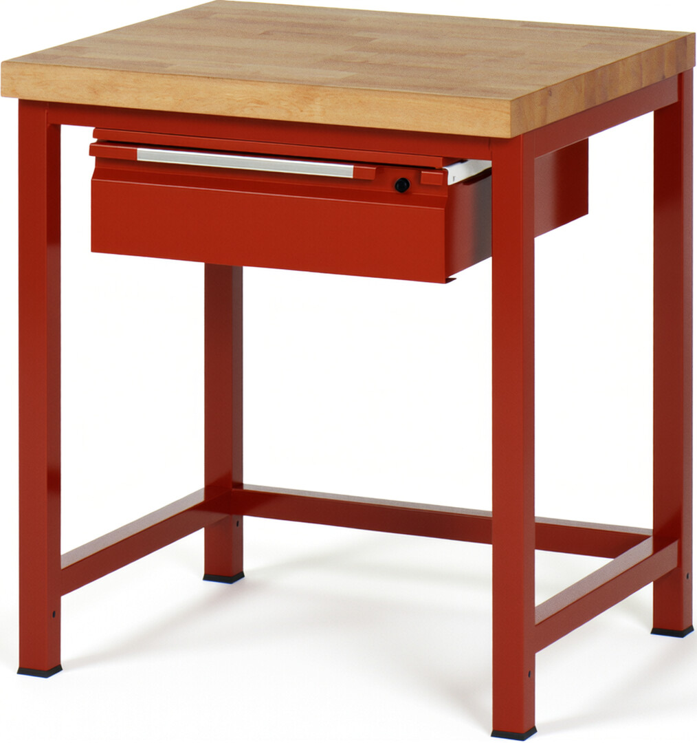 Werkbank rot, BxTxH 750x700x840-1040 mm, Platte Buche 40 mm, 1 Schublade 150 mm, RAL 3000/3000