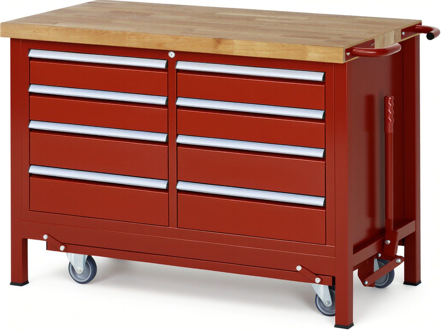 Absenkbare Werkbank Modell 8477 rot, BxTxH 1250x700x880 mm,  Buche-Massiv Arbeitsplatte 40 mm,  8 Schubladen mit  Auszug 90 %