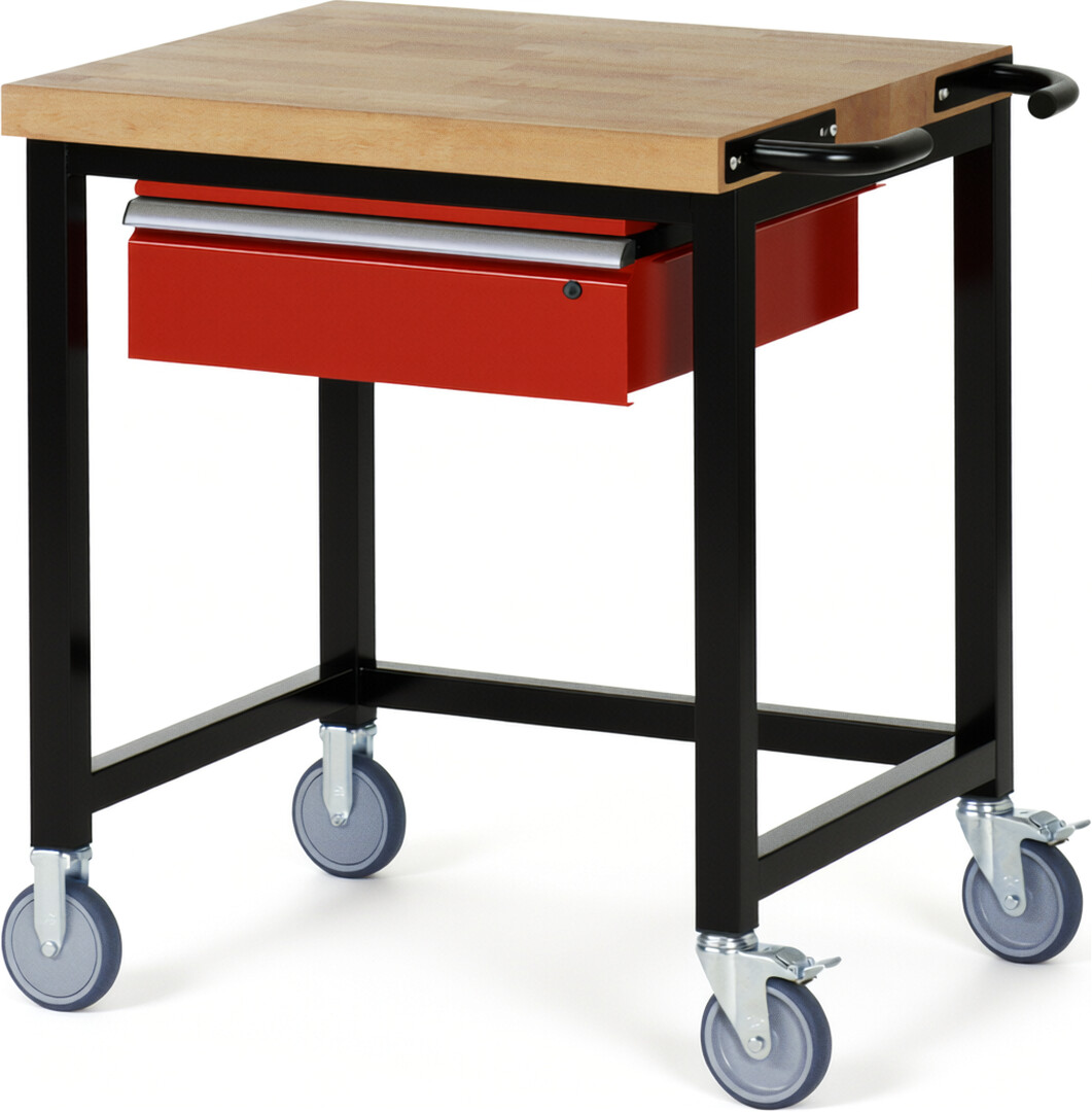 RAU Werkbank schwarz - rot - Breite 75 cm - Tiefe 70 cm - Höhe 108 cm - Buche-Massiv Arbeitsplatte 40 mm