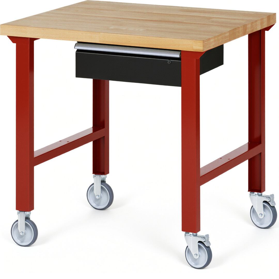 Fahrbare Werkbank Modell 7001 rot - schwarz, BxTxH 1000x900x1000 mm,  Buche-Massiv Arbeitsplatte 40 mm,  1 Schublade mit  Auszug 90 %
