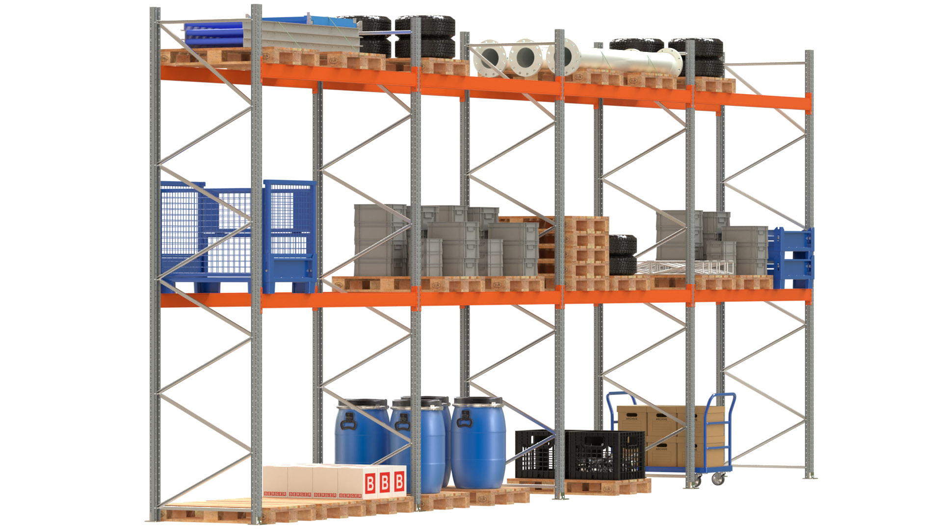 Palettenregal ARTUS - Breite 1122,5 cm - Höhe 450 cm - Tiefe 110 cm - 2 Träger-Ebenen - Fachlast 3000 kg - 36 Palettenstellplätze