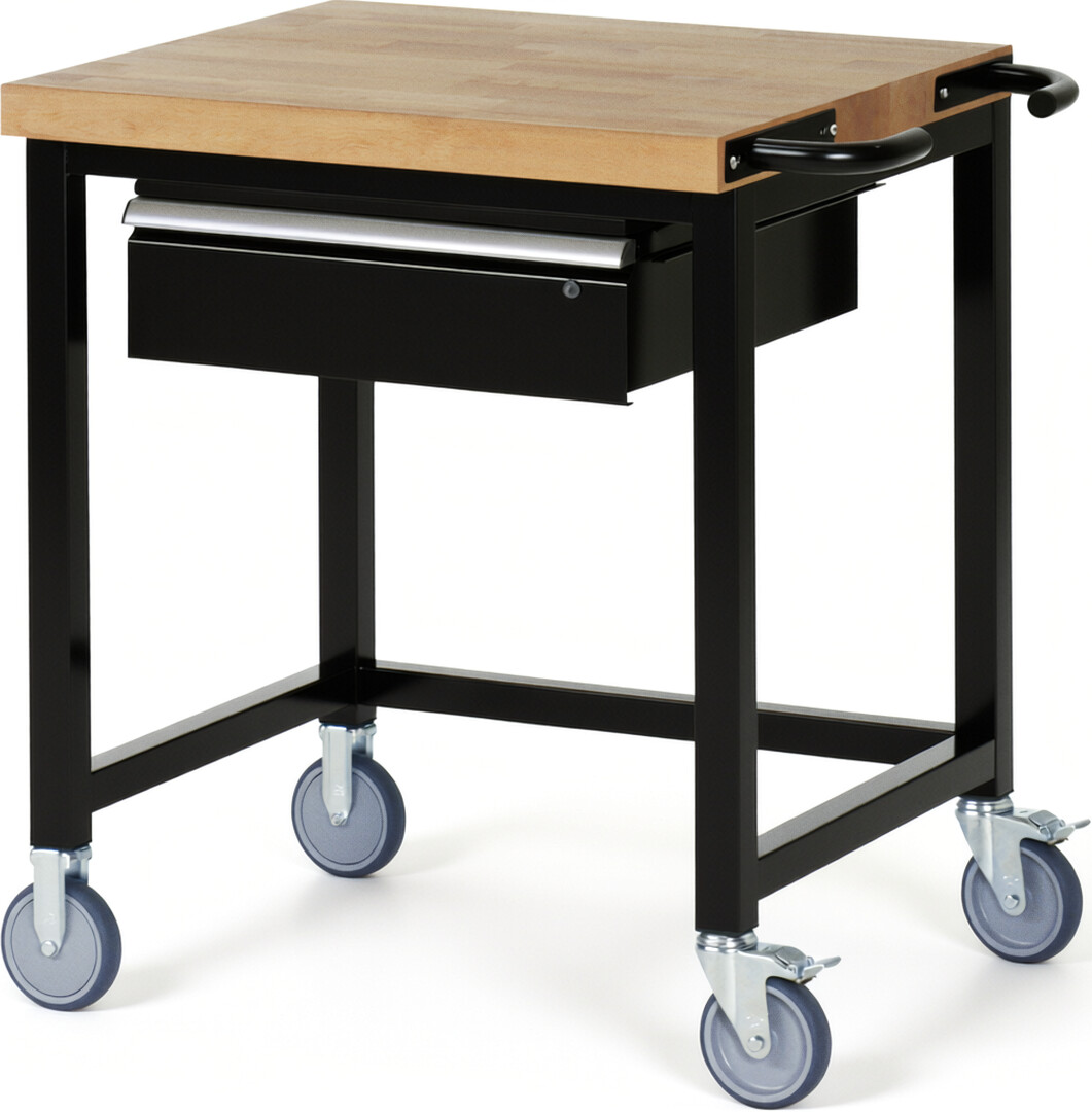 Fahrbare Werkbank Modell 8001 schwarz, BxTxH 750x700x880-1080 mm,  Buche-Massiv Arbeitsplatte 40 mm,  1 Schublade mit  Auszug 90 %