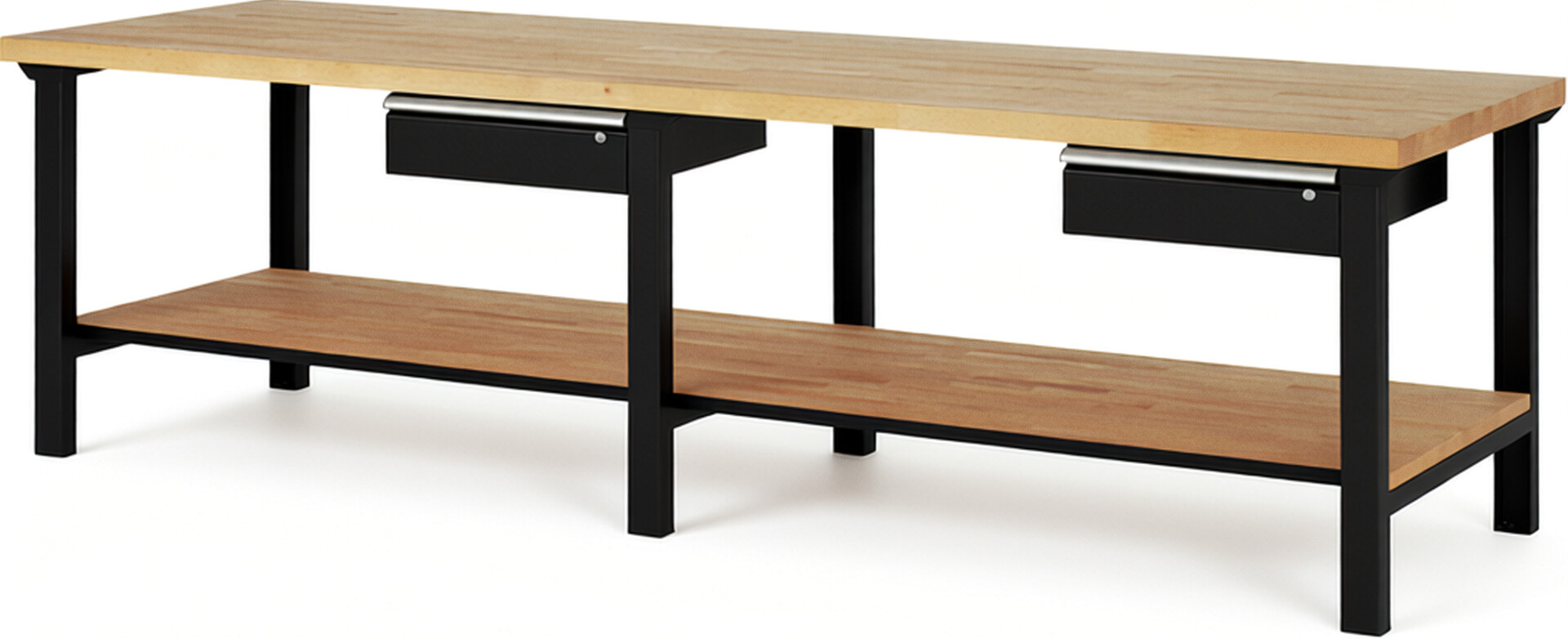 Werkbank Modell 7001 schwarz, BxTxH 3000x900x840 mm,  Buche-Massiv Arbeitsplatte 40 mm,  2 Schubladen mit  Auszug 90 %
