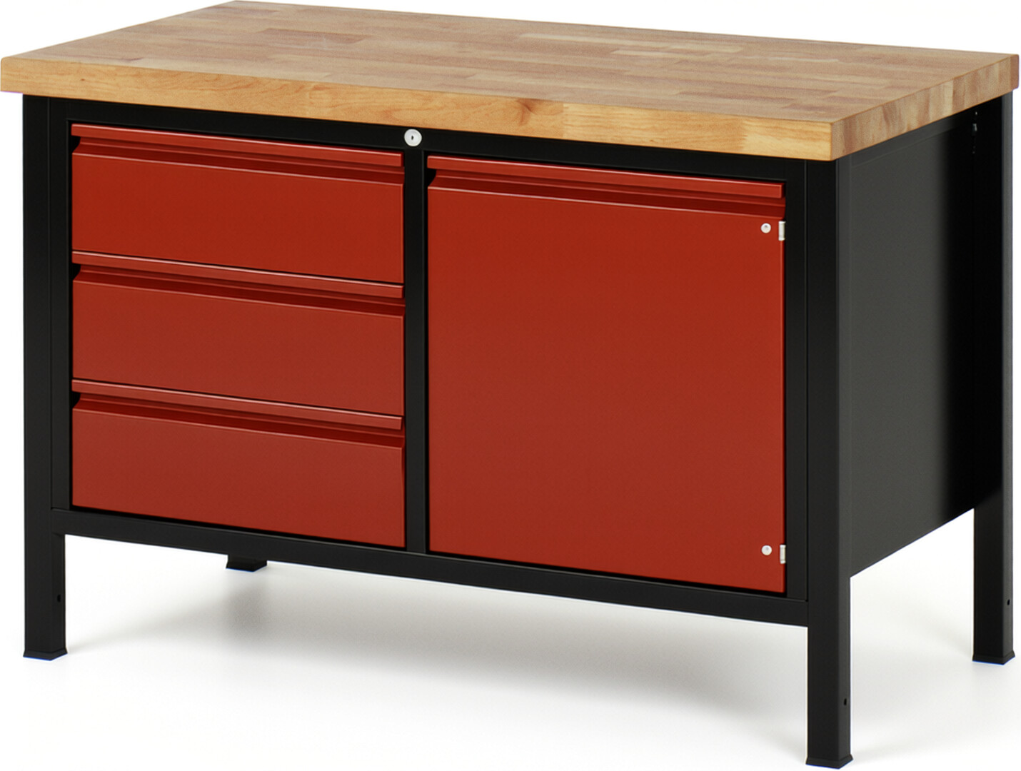 Werkbank schwarz - rot, Breite 125 cm, Tiefe 70 cm, Höhe 104 cm, 3 Schublade(n), Platte: Buche-Massiv-Arbeitsplatte