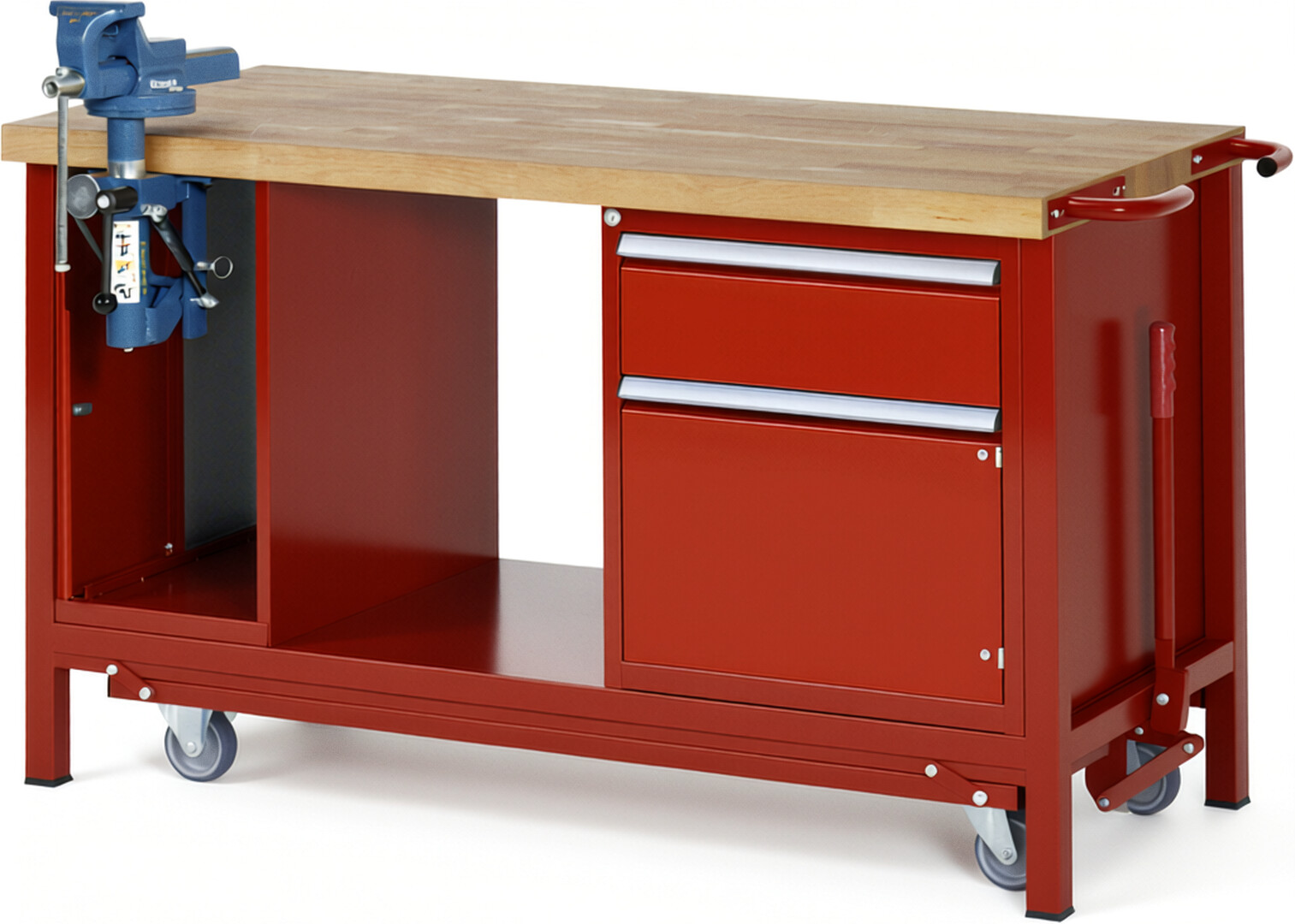 Absenkbare Werkbank Modell 8181 rot, BxTxH 1500x700x880 mm,  Buche-Massiv Arbeitsplatte 40 mm,  1 Schublade mit  Auszug 90 %