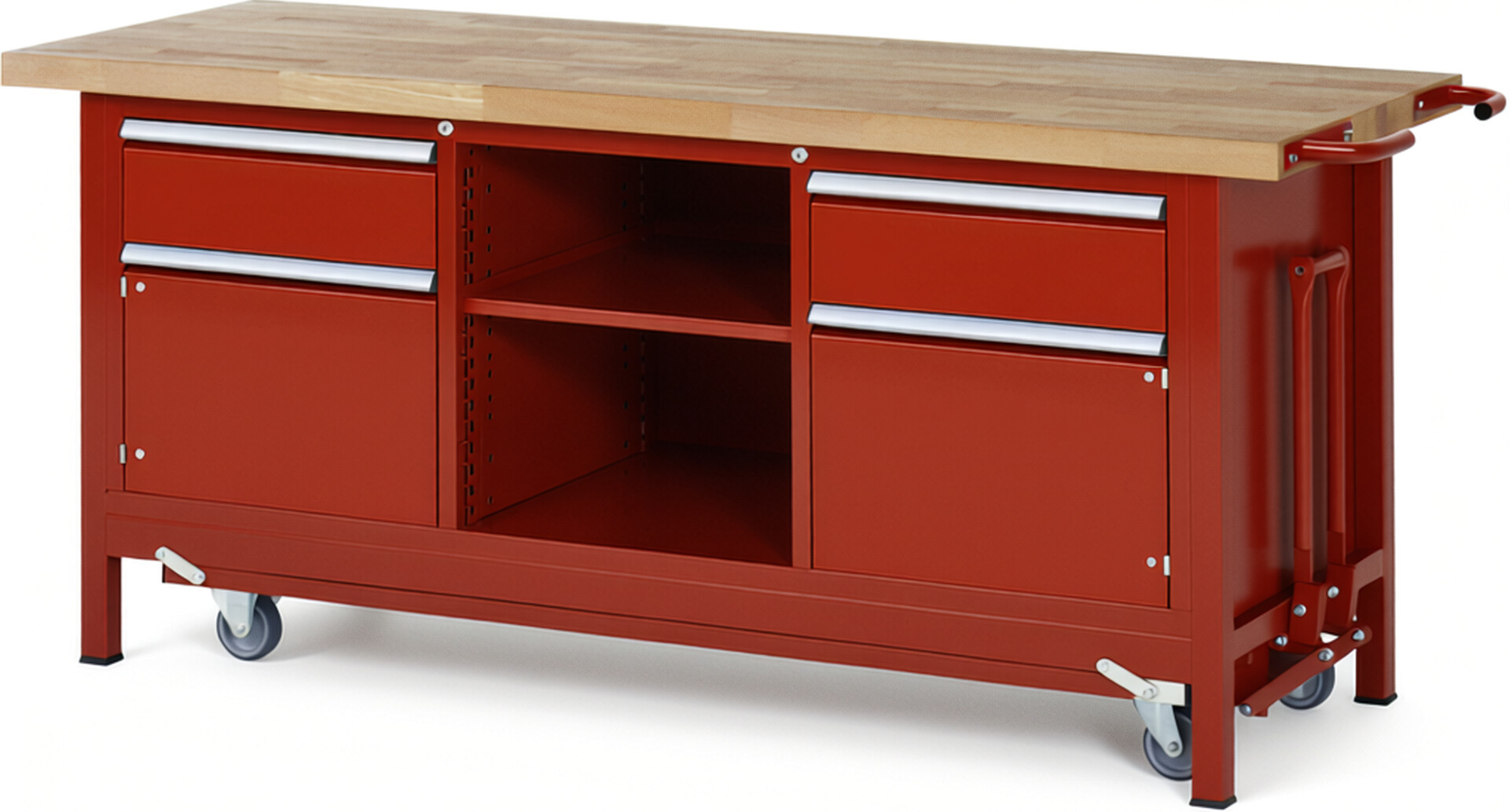 Absenkbare Werkbank Modell 8561 rot, BxTxH 2000x700x880 mm,  Buche-Massiv Arbeitsplatte 40 mm,  2 Schubladen mit  Auszug 90 %