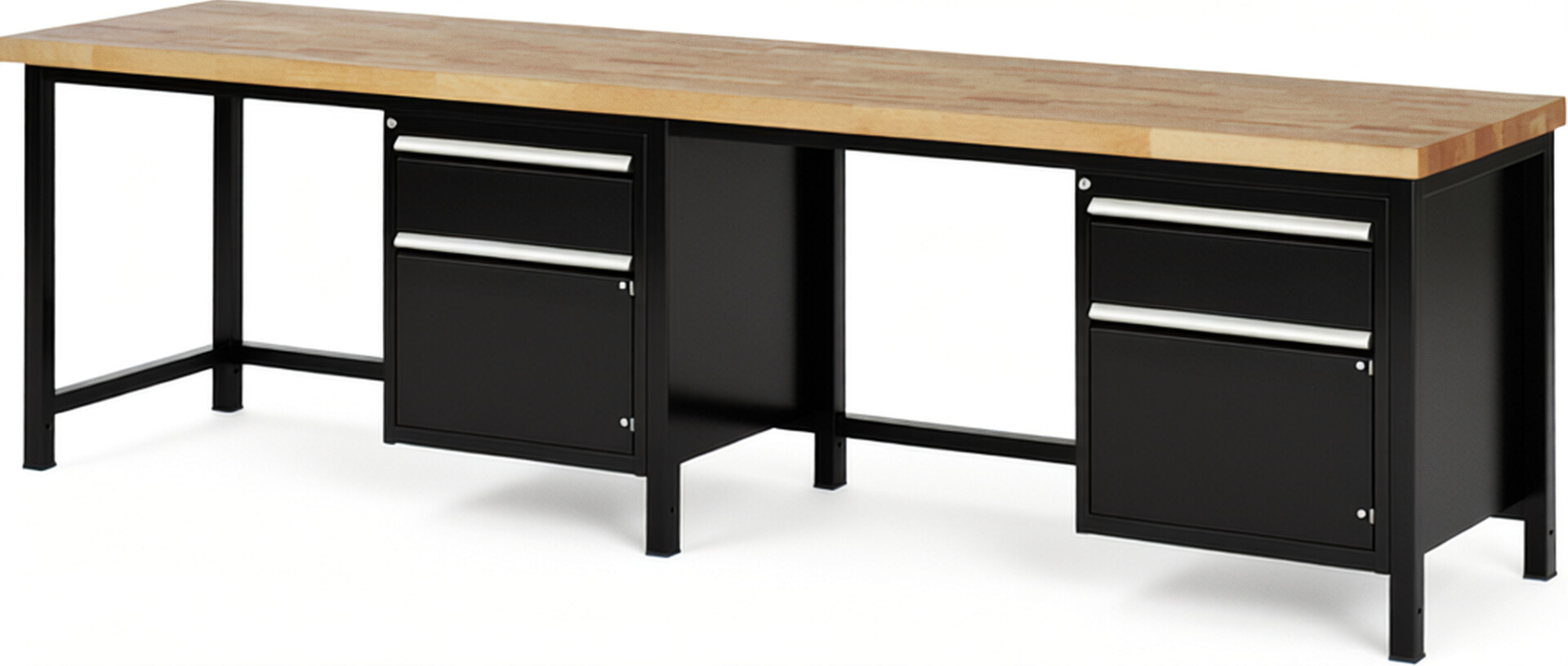 Werkbank Modell 8152 schwarz, BxTxH 3000x700x840-1040 mm,  Buche-Massiv Arbeitsplatte 40 mm,  2 Schubladen mit  Auszug 90 %