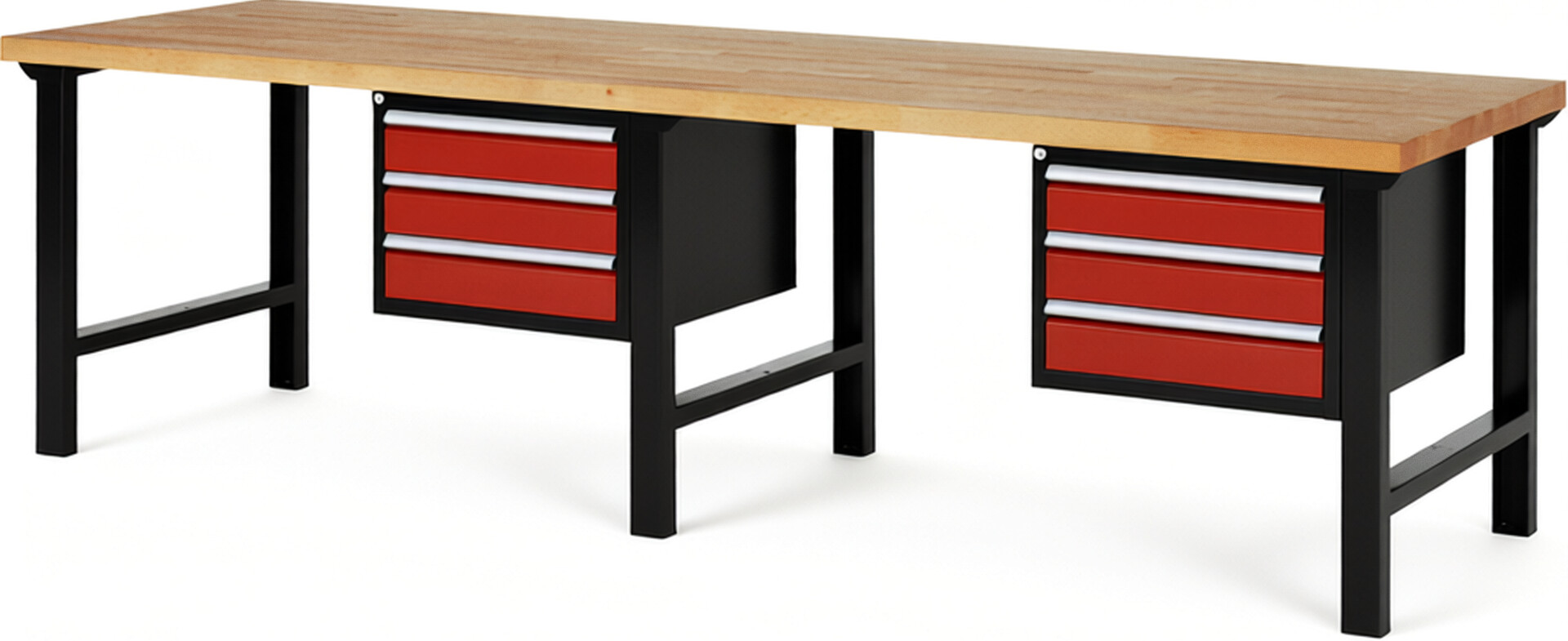 RAU Werkbank schwarz - rot - Breite 300 cm - Tiefe 90 cm - Höhe 84 cm - Buche-Massiv Arbeitsplatte 40 mm