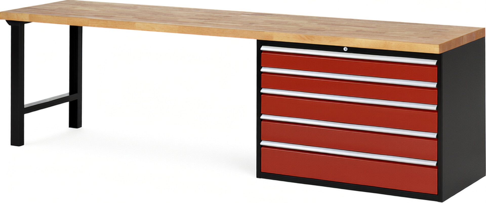 RAU Werkbank schwarz - rot - Breite 300 cm - Tiefe 70 cm - Höhe 89 cm - Buche-Massiv Arbeitsplatte 40 mm