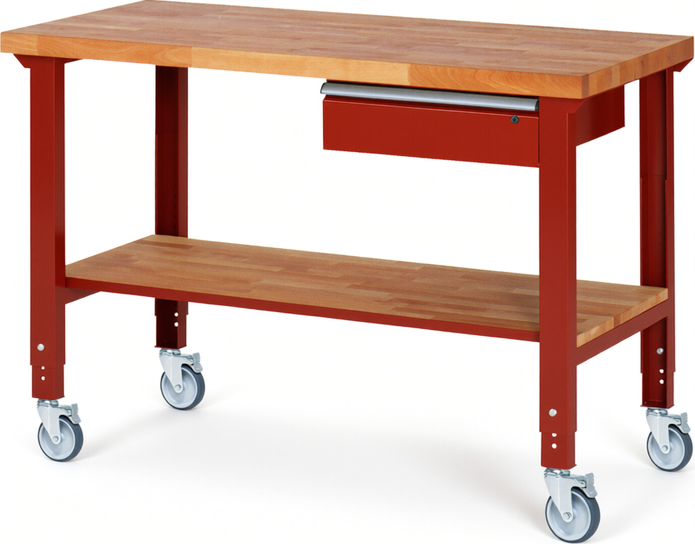 Fahrbare Werkbank Modell 7001 rot, BxTxH 1500x700x950-1000 mm,  Buche-Massiv Arbeitsplatte 40 mm,  1 Schublade mit  Auszug 90 %