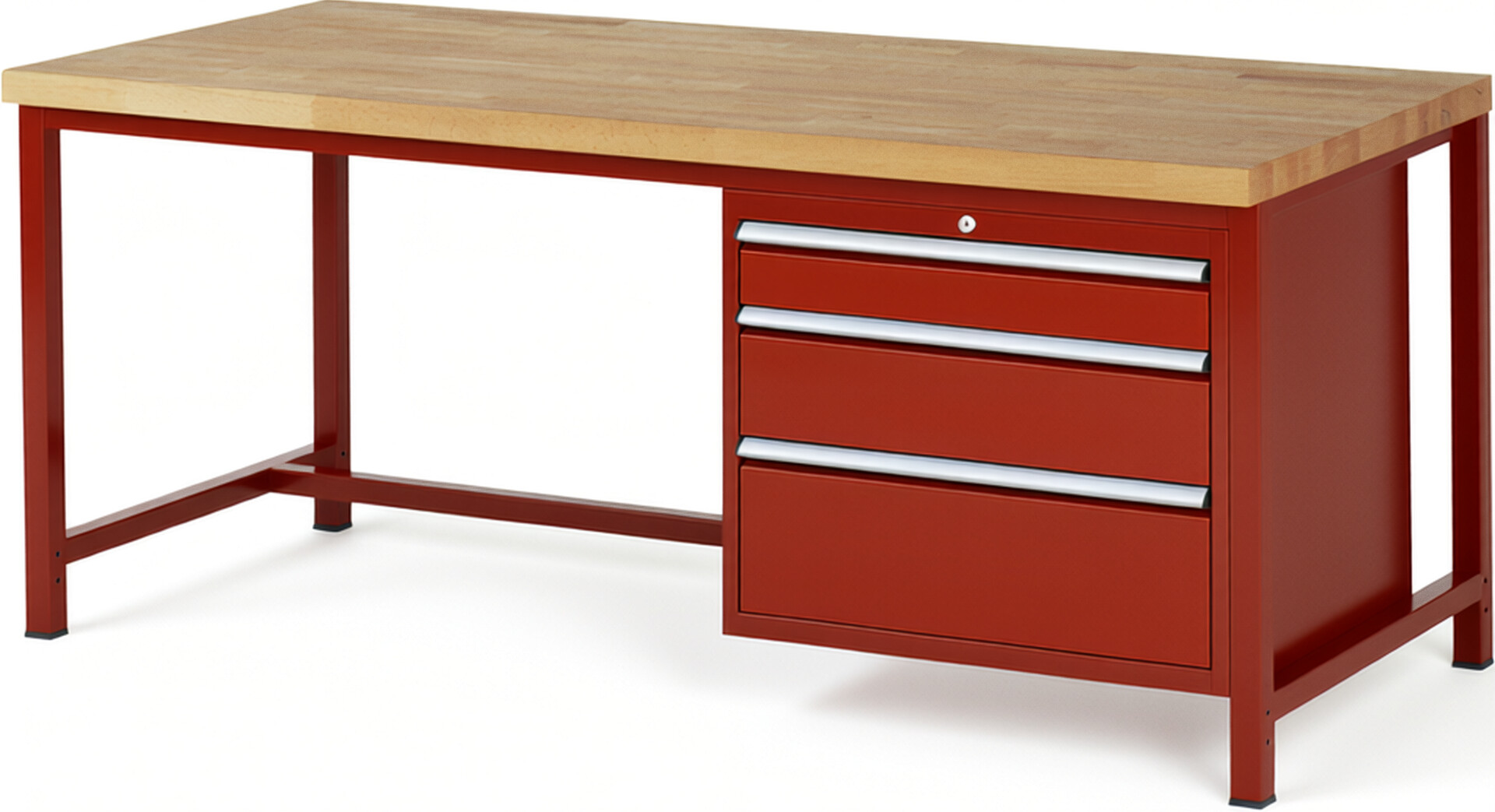 Werkbank Modell 8259 rot, BxTxH 2000x900x840-1040 mm,  Buche-Massiv Arbeitsplatte 40 mm,  3 Schubladen mit  Vollauszug 100 % und  SoftClosing