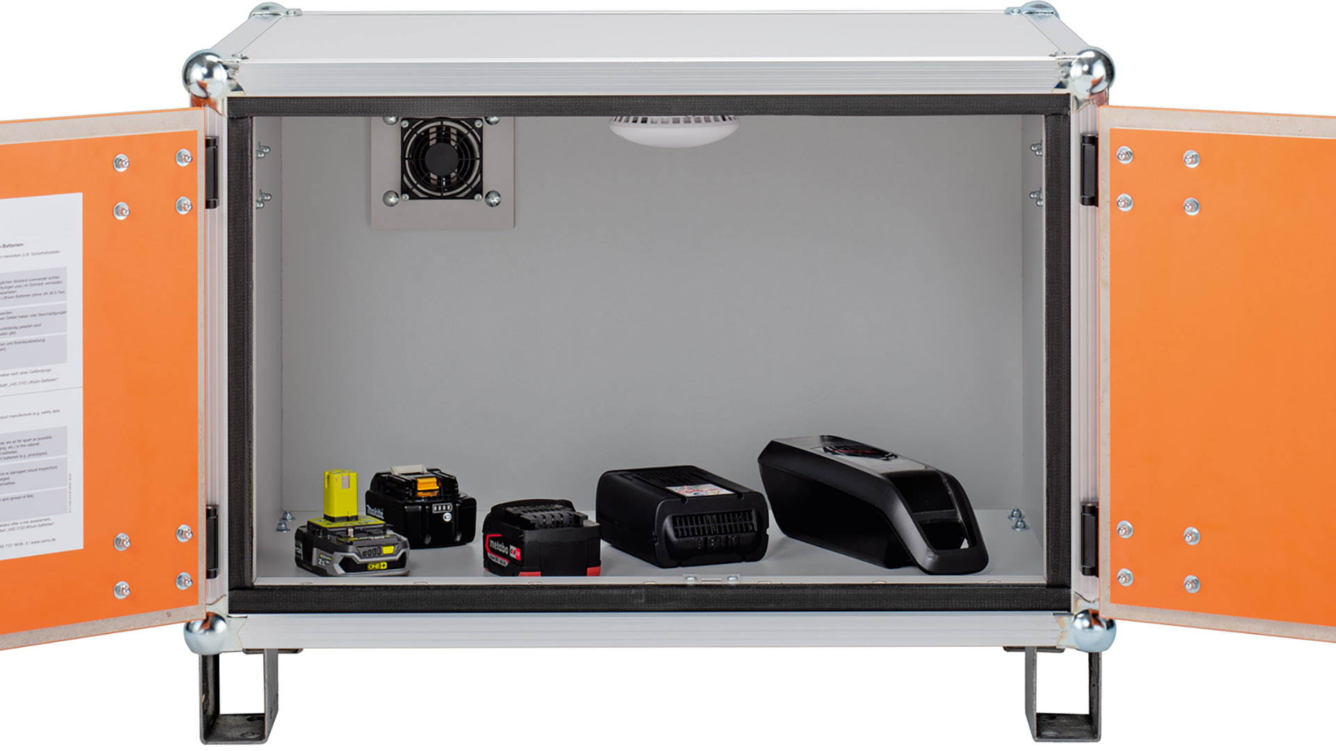 Sicherheitsschrank, Akku-Lagerschrank, Rauchmelder, BxTxH 800x660x620 mm, Tür orange, mit Stapelfüßen, Korpus grau