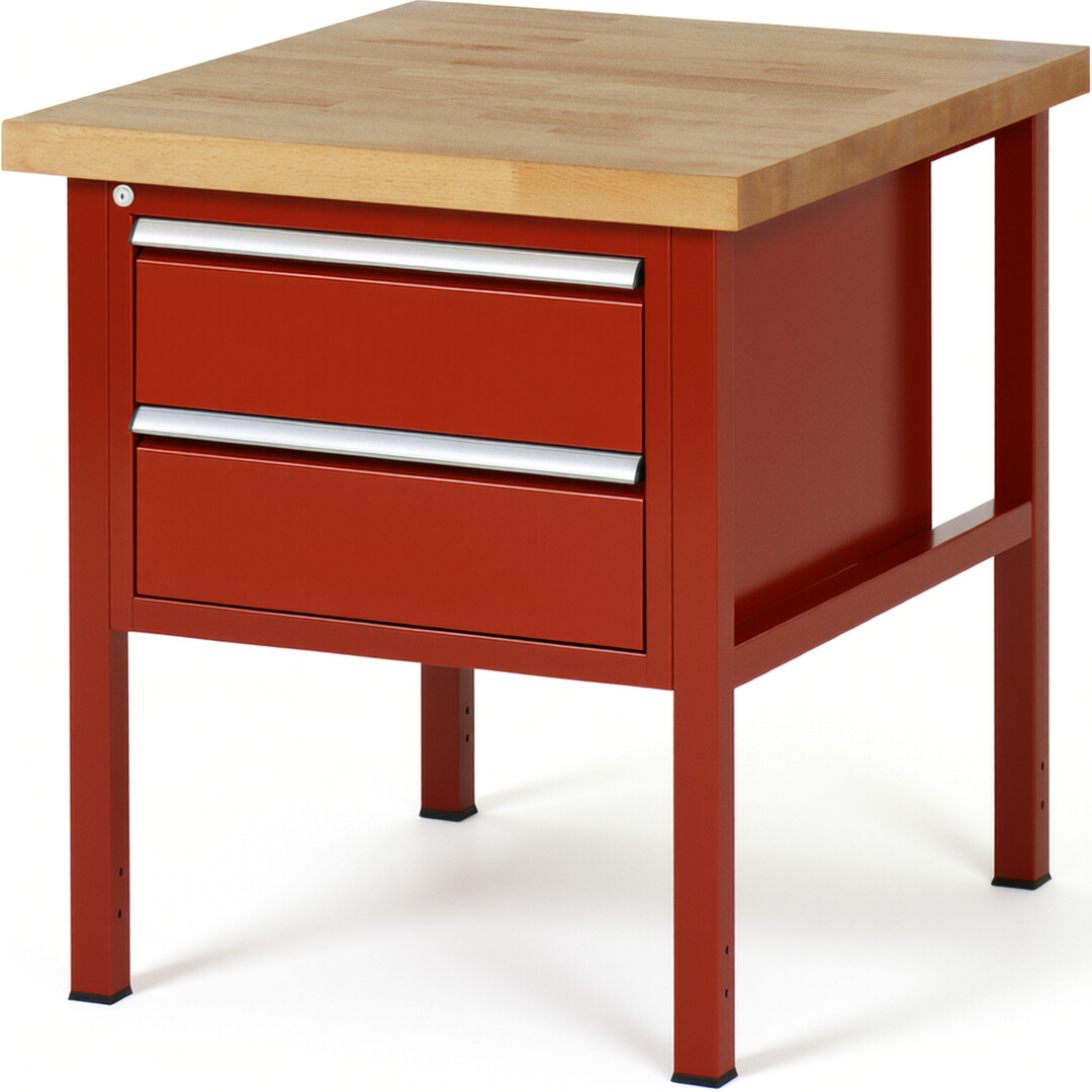 Werkbank Modell 8125 rot, BxTxH 750x900x840-1040 mm,  Buche-Massiv Arbeitsplatte 40 mm,  2 Schubladen mit  Auszug 90 %