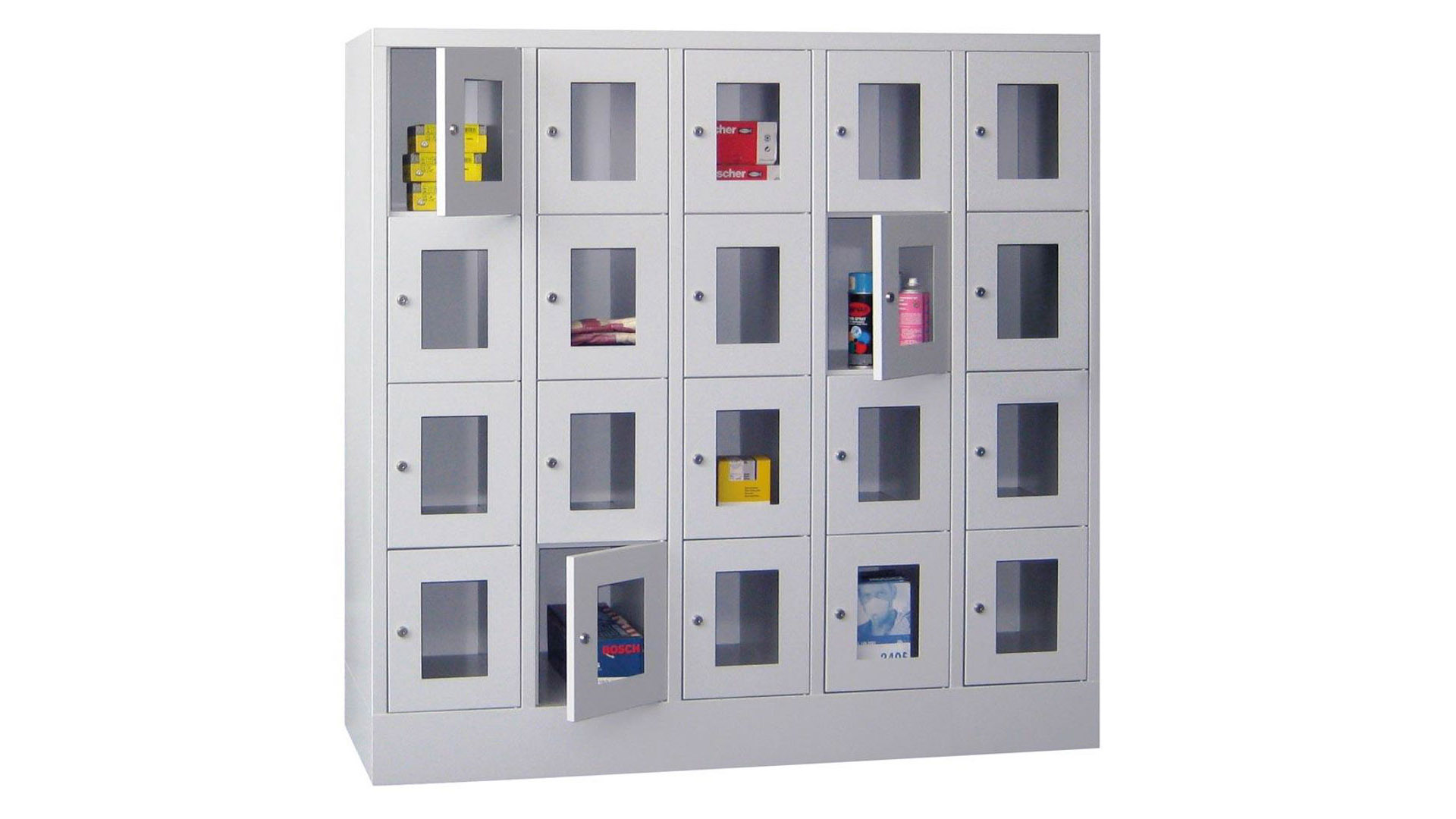 Fächerschränke mit Sichtfenstertüren, Breite 120 cm, Höhe 185 cm, Tiefe 50 cm, 4x5 Fächer