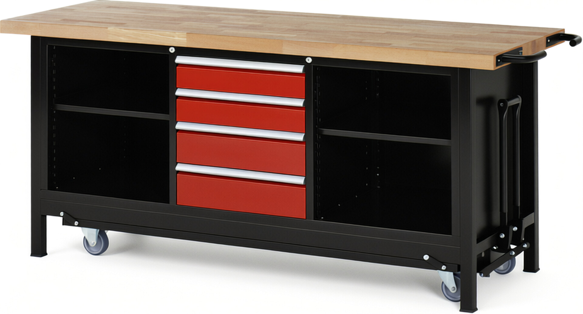 RAU Werkbank schwarz - rot - Breite 200 cm - Tiefe 70 cm - Höhe 88 cm - Buche-Massiv Arbeitsplatte 40 mm