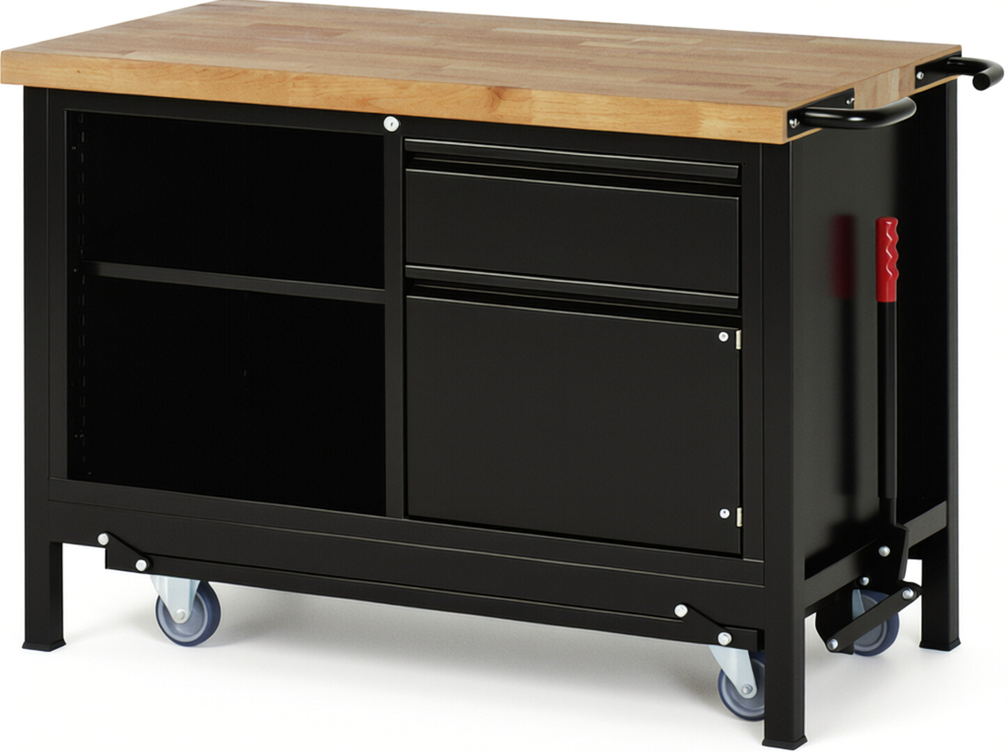 Absenkbare Werkbank - Modell 8461 BASIC schwarz, BxTxH 1250x700x880 mm,  Buche-Massiv Arbeitsplatte 40 mm,  1 Schublade mit  Auszug 90 %