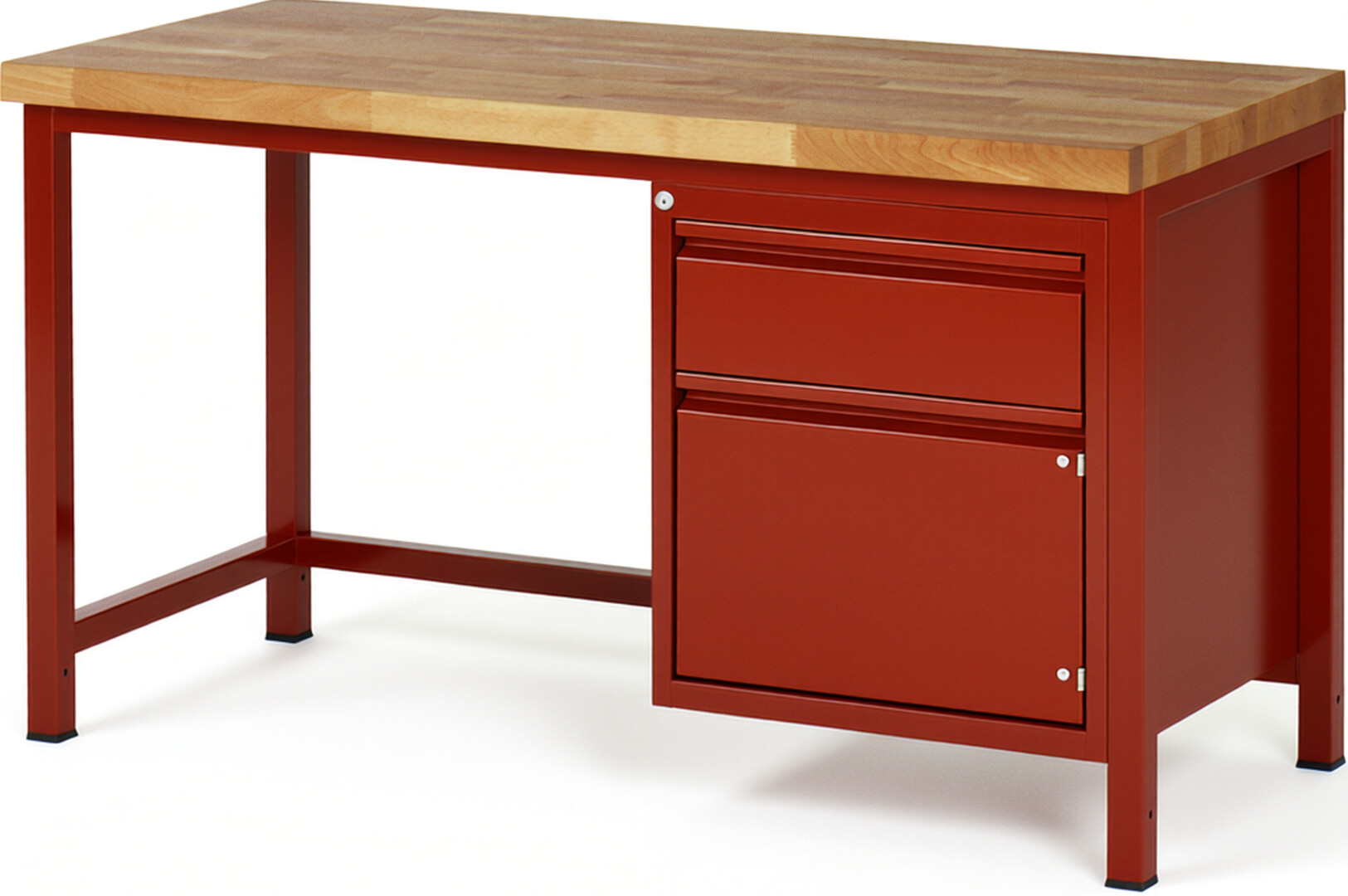 Werkbank rot, BxTxH 1500x700x840-1040 mm, Platte Buche 40 mm, 1 Schublade 180 mm, 1 Tür 360 mm, RAL 3000/3000