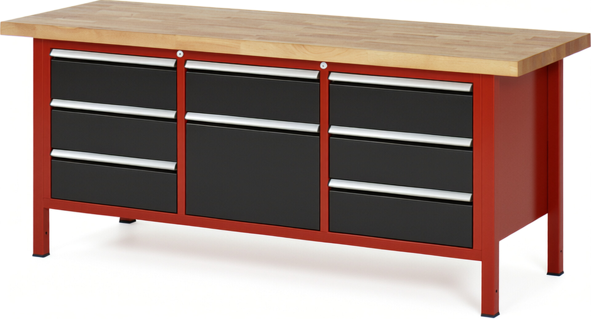 Werkbank Modell 8571 rot - schwarz, BxTxH 2000x700x840-1040 mm,  Buche-Massiv Arbeitsplatte 40 mm,  8 Schubladen mit  Auszug 90 %