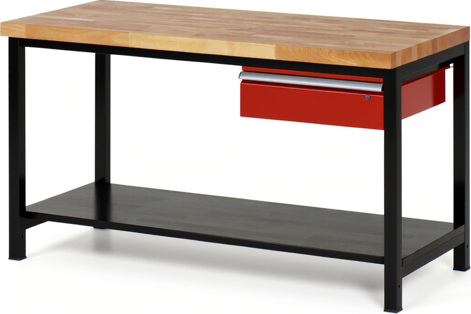 RAU Werkbank schwarz - rot - Breite 150 cm - Tiefe 70 cm - Höhe 104 cm - Buche-Massiv Arbeitsplatte 40 mm