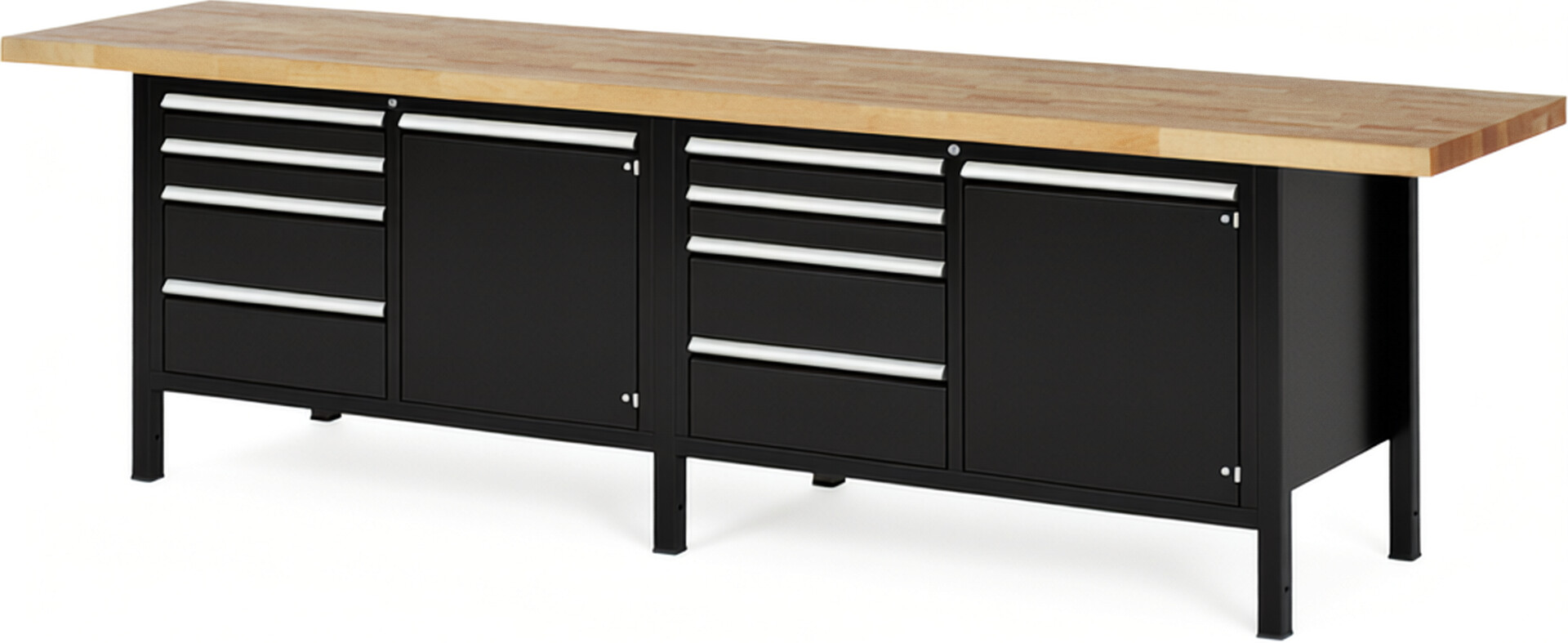 Werkbank Modell 8470 schwarz, BxTxH 3000x700x840-1040 mm,  Buche-Massiv Arbeitsplatte 40 mm,  8 Schubladen mit  Auszug 90 %