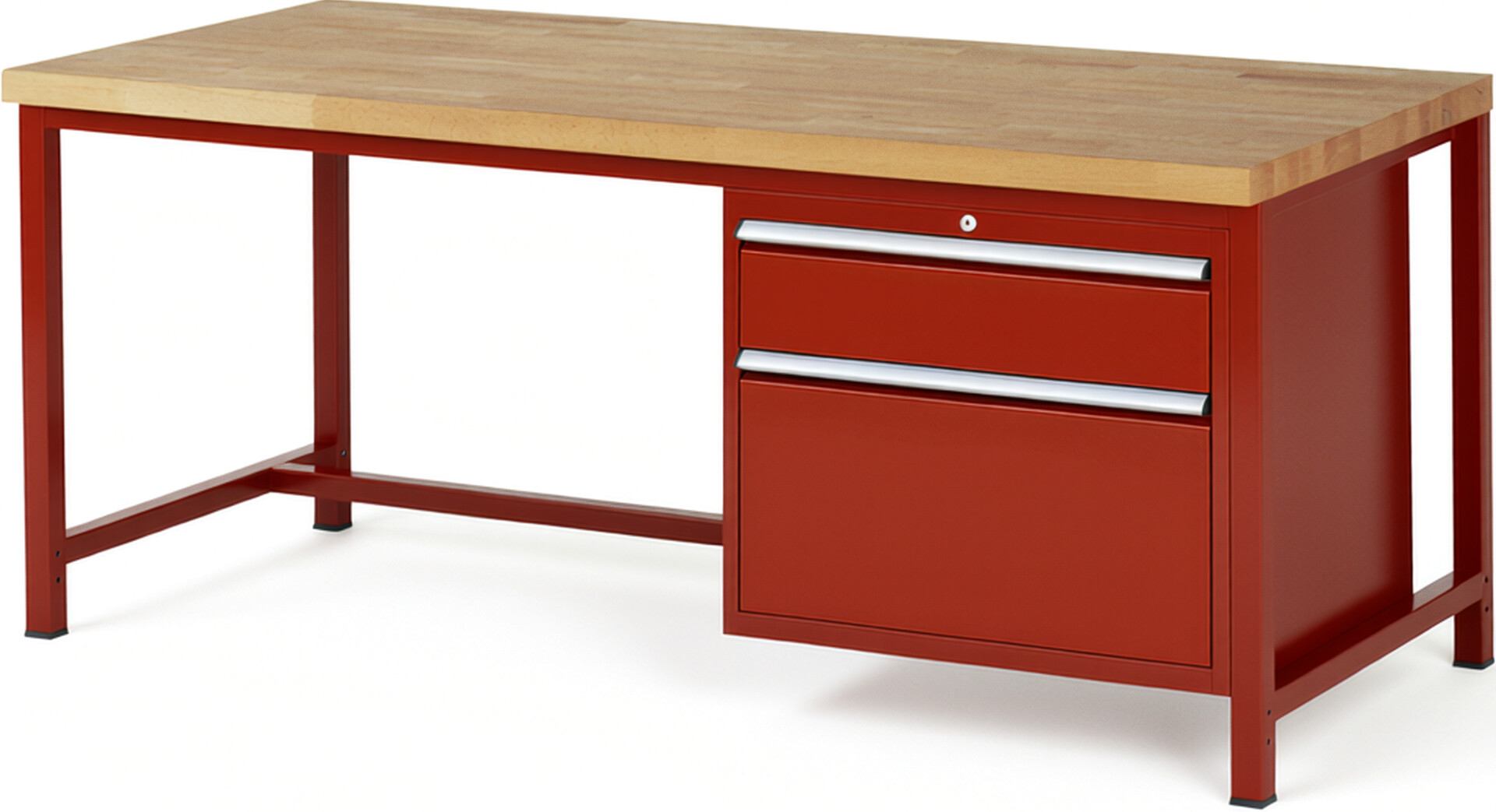 Werkbank Modell 8256 rot, BxTxH 2000x900x840 mm,  Buche-Massiv Arbeitsplatte 40 mm,  2 Schubladen mit  Auszug 90 %