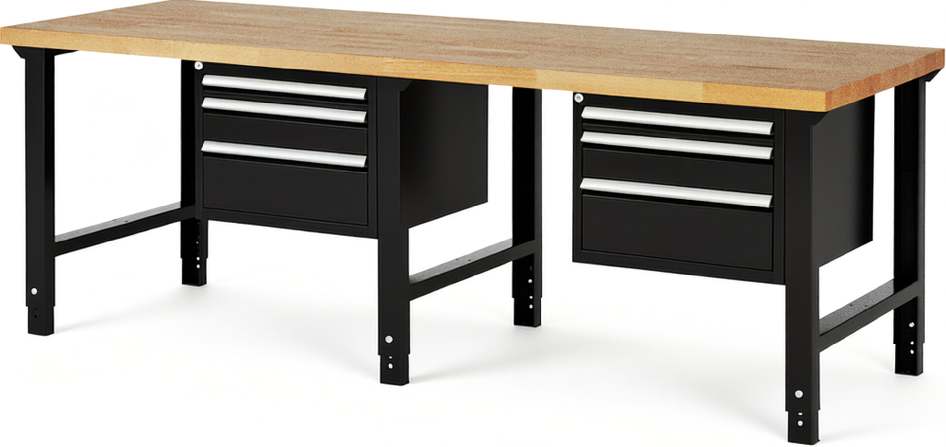 Werkbank Modell 7126 schwarz, BxTxH 2500x900x790-1140 mm,  Buche-Massiv Arbeitsplatte 40 mm,  6 Schubladen mit  Vollauszug 100 % und  SoftClosing