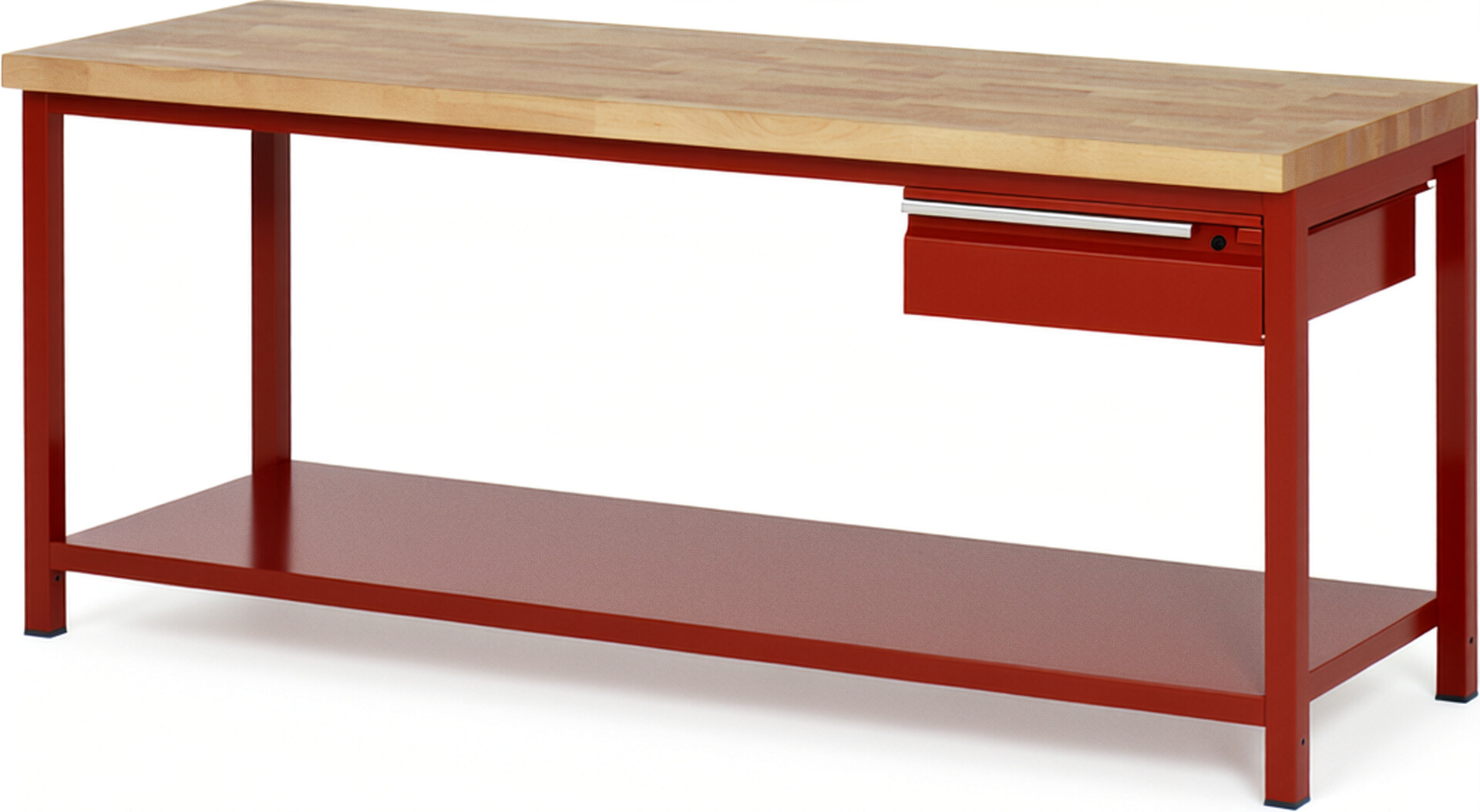 Werkbank rot, BxTxH 2000x700x840-1040 mm, Platte Buche 40 mm, inkl. Stahlblech-Ablageboden, 1x 150 mm Hängeschublade, RAL 3000/3000