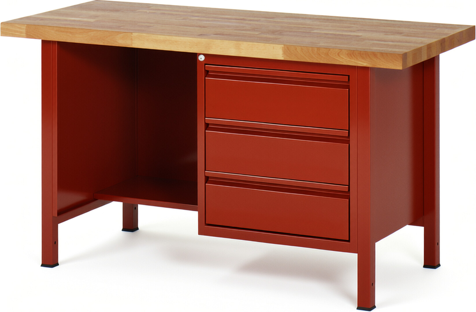 Werkbank rot, BxTxH 1500x700x840-1040 mm, Platte Buche 40 mm, 3 Schubladen 180 mm, 1 Fachboden, RAL 3000/3000
