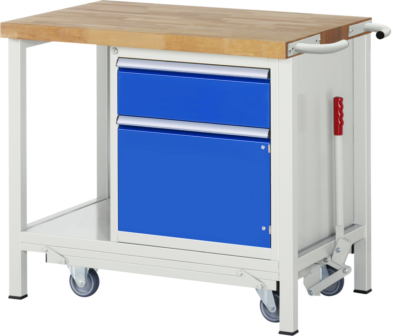 Absenkbare Werkbank Modell 8152 rot - schwarz, BxTxH 1000x700x880 mm,  Buche-Massiv Arbeitsplatte 40 mm,  1 Schublade mit  Vollauszug 100 % und  SoftClosing