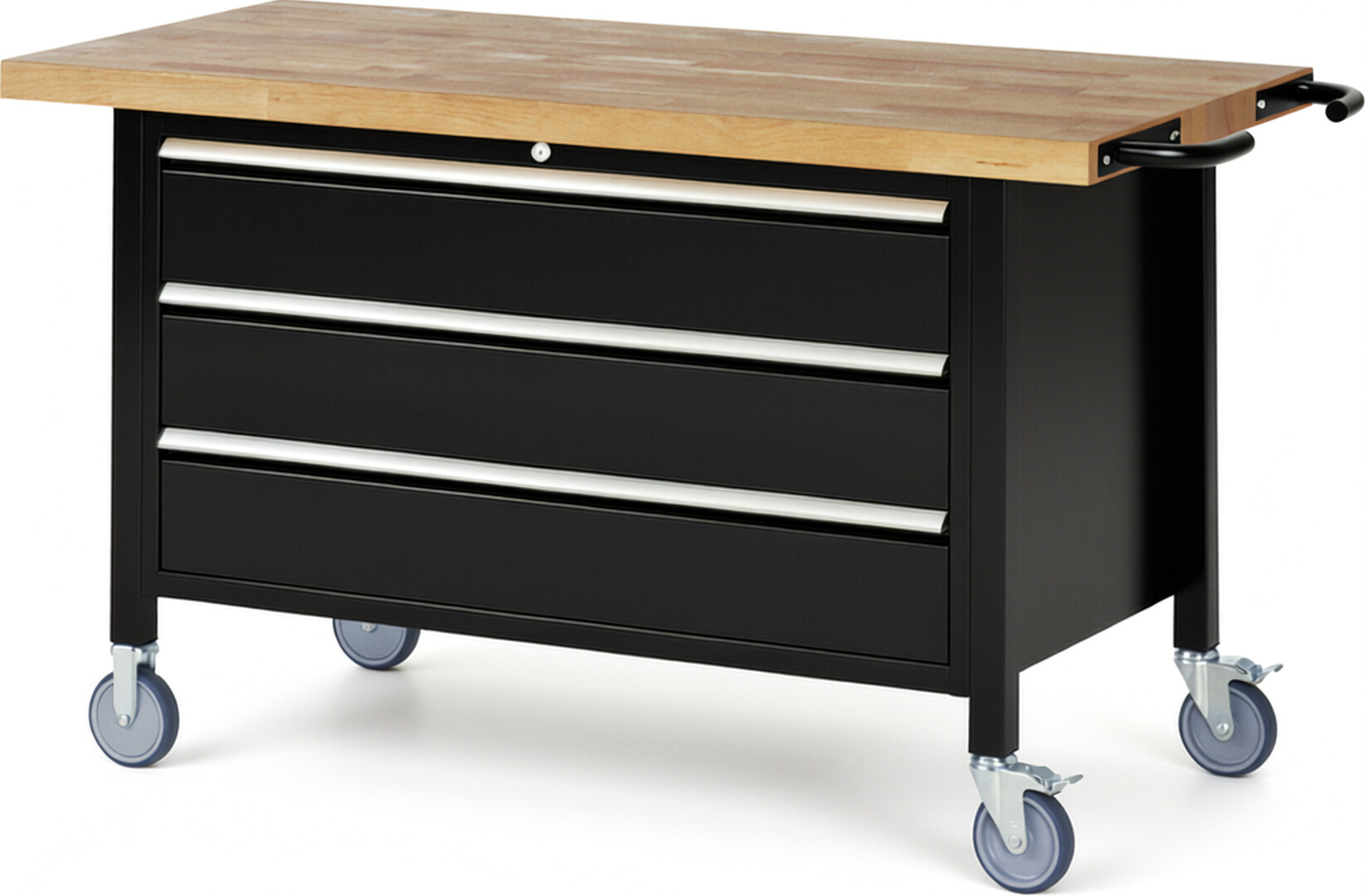 Fahrbare Werkbank Modell 8357 schwarz, BxTxH 1500x700x880 mm,  Buche-Massiv Arbeitsplatte 40 mm,  3 Schubladen mit  Vollauszug 100 % und  SoftClosing