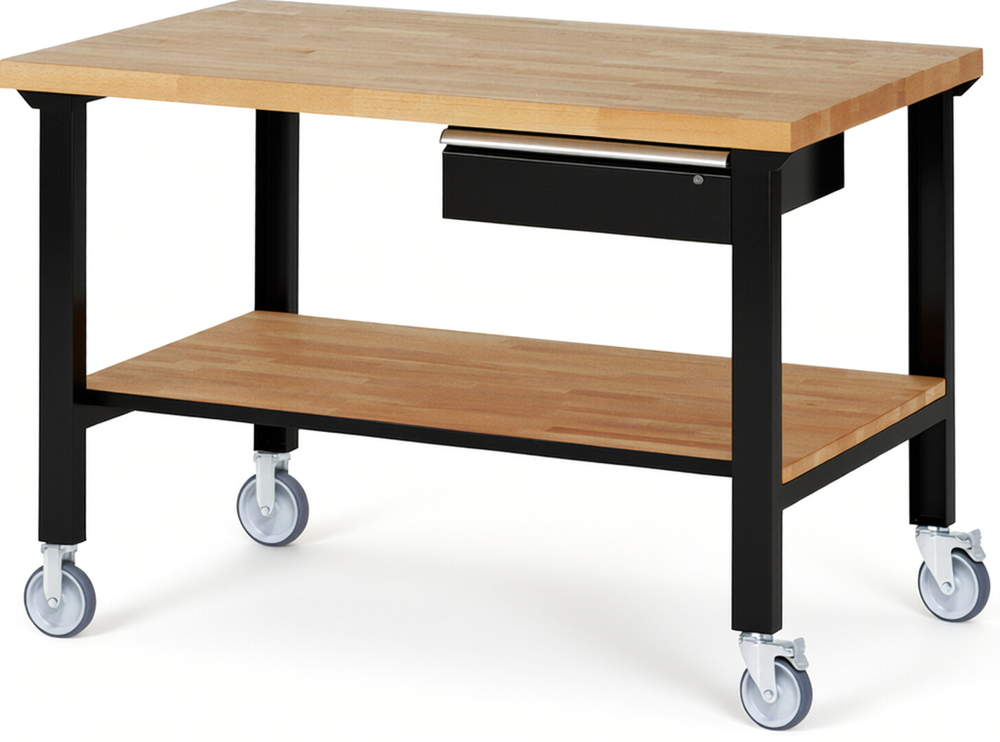 RAU Werkbank schwarz - Breite 150 cm - Tiefe 90 cm - Höhe 100 cm - Buche-Massiv Arbeitsplatte 40 mm